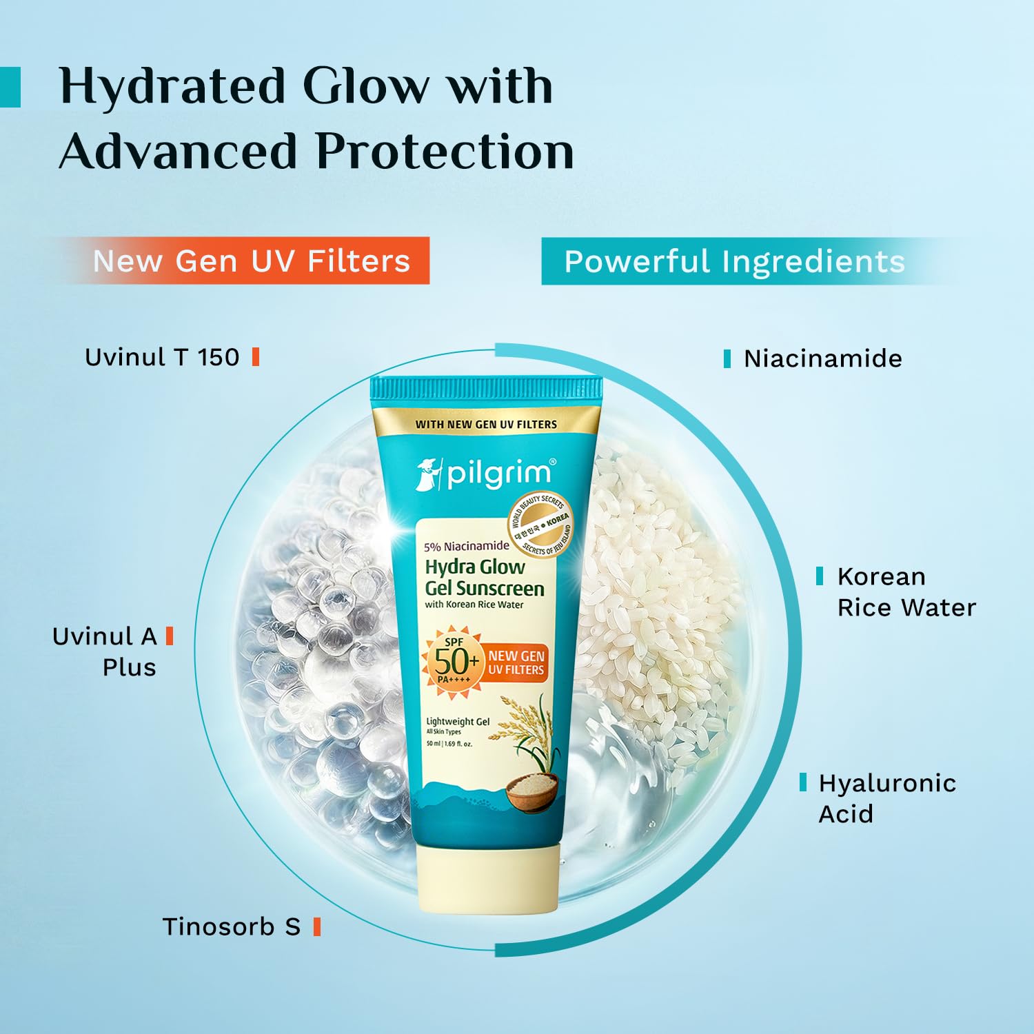 Pilgrim 5% Niacinamide Hydra Glow Gel Sunscreen SPF 50+ PA++++ | With Korean Rice Water for Hydrated Glowing Skin | InVivo Te