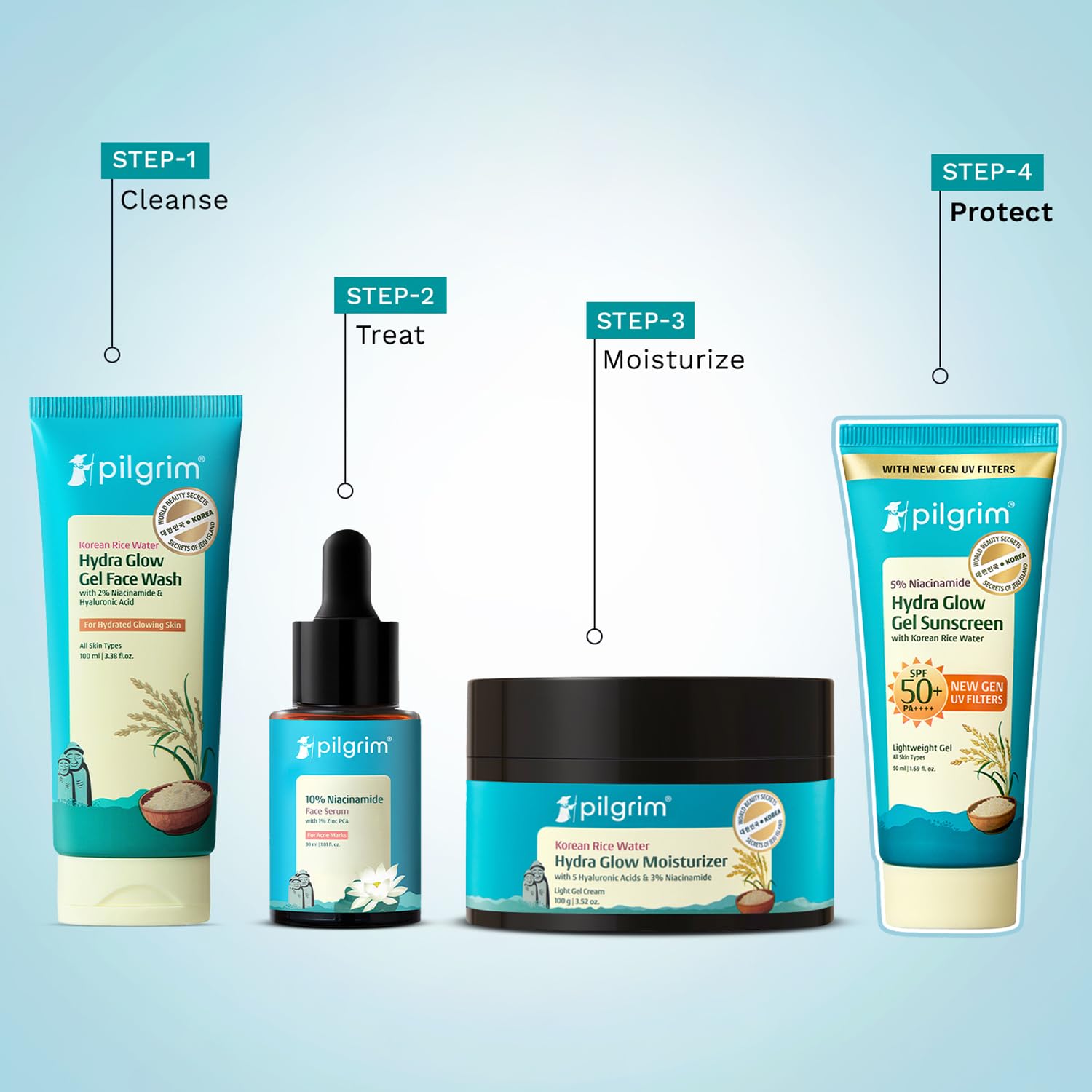Pilgrim 5% Niacinamide Hydra Glow Gel Sunscreen SPF 50+ PA++++ | With Korean Rice Water for Hydrated Glowing Skin | InVivo Te