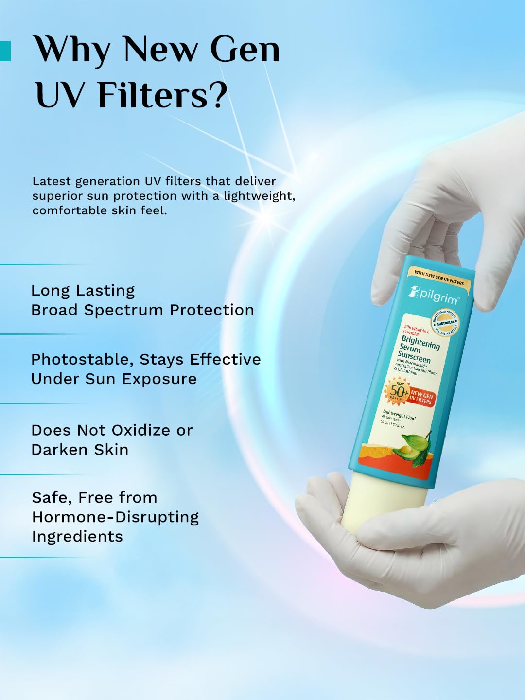 Pilgrim 5% Vitamin C Brightening Serum Sunscreen SPF 50+ PA++++ with Niacinamide & Glutathione | InVivo Tested New Gen UV Fil