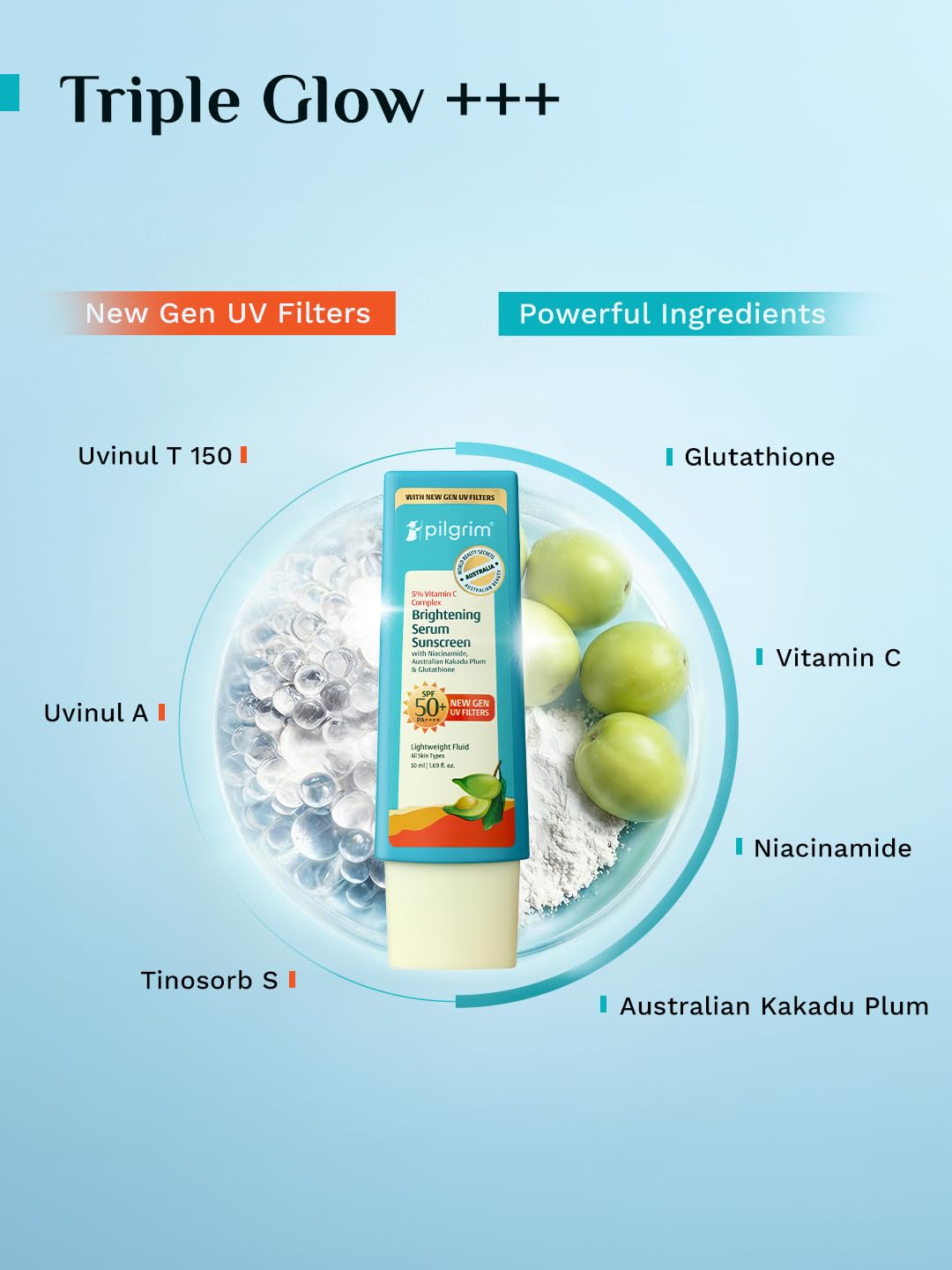 Pilgrim 5% Vitamin C Brightening Serum Sunscreen SPF 50+ PA++++ with Niacinamide & Glutathione | InVivo Tested New Gen UV Fil