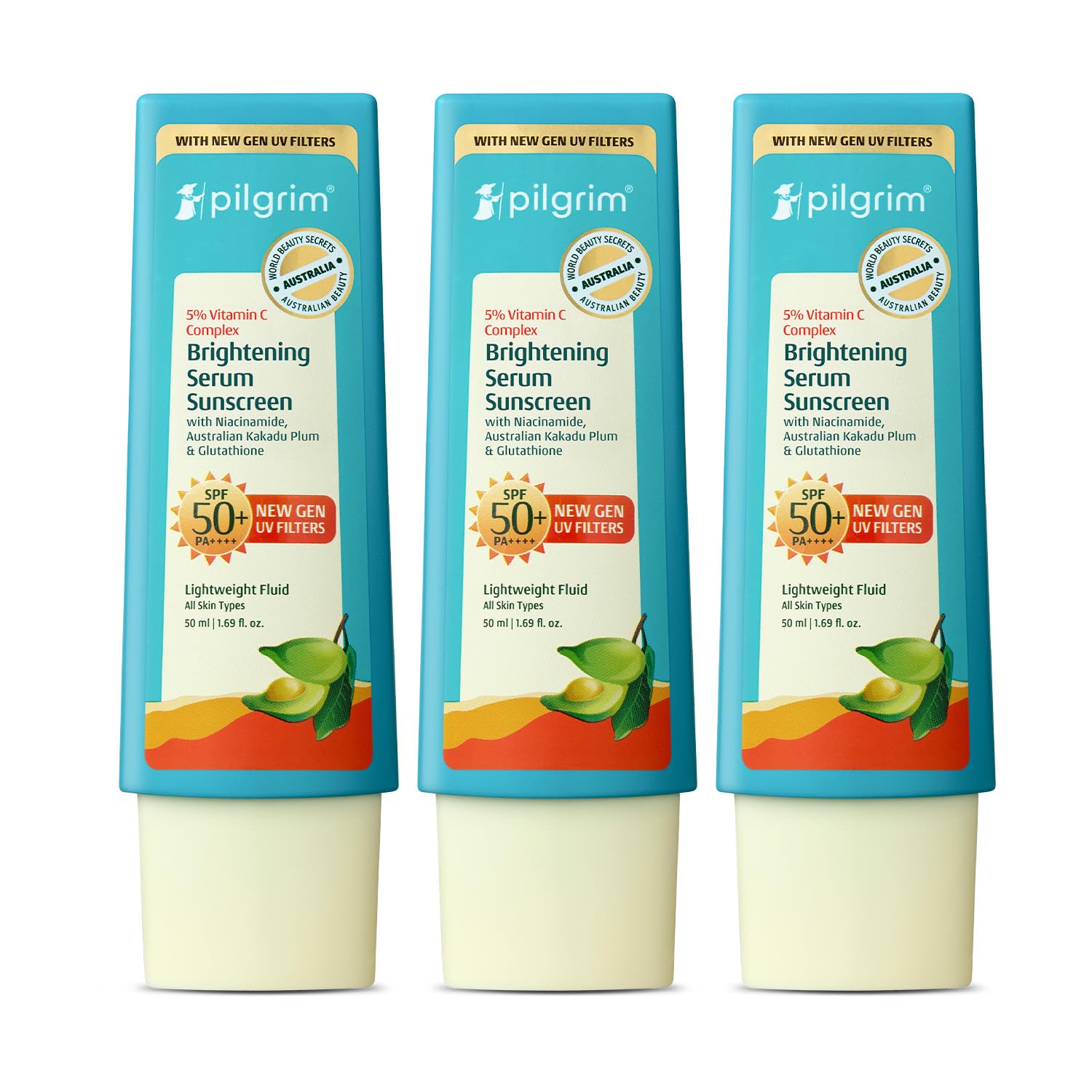 Pilgrim 5% Vitamin C Brightening Serum Sunscreen SPF 50+ PA++++ with Niacinamide & Glutathione | InVivo Tested New Gen UV Fil
