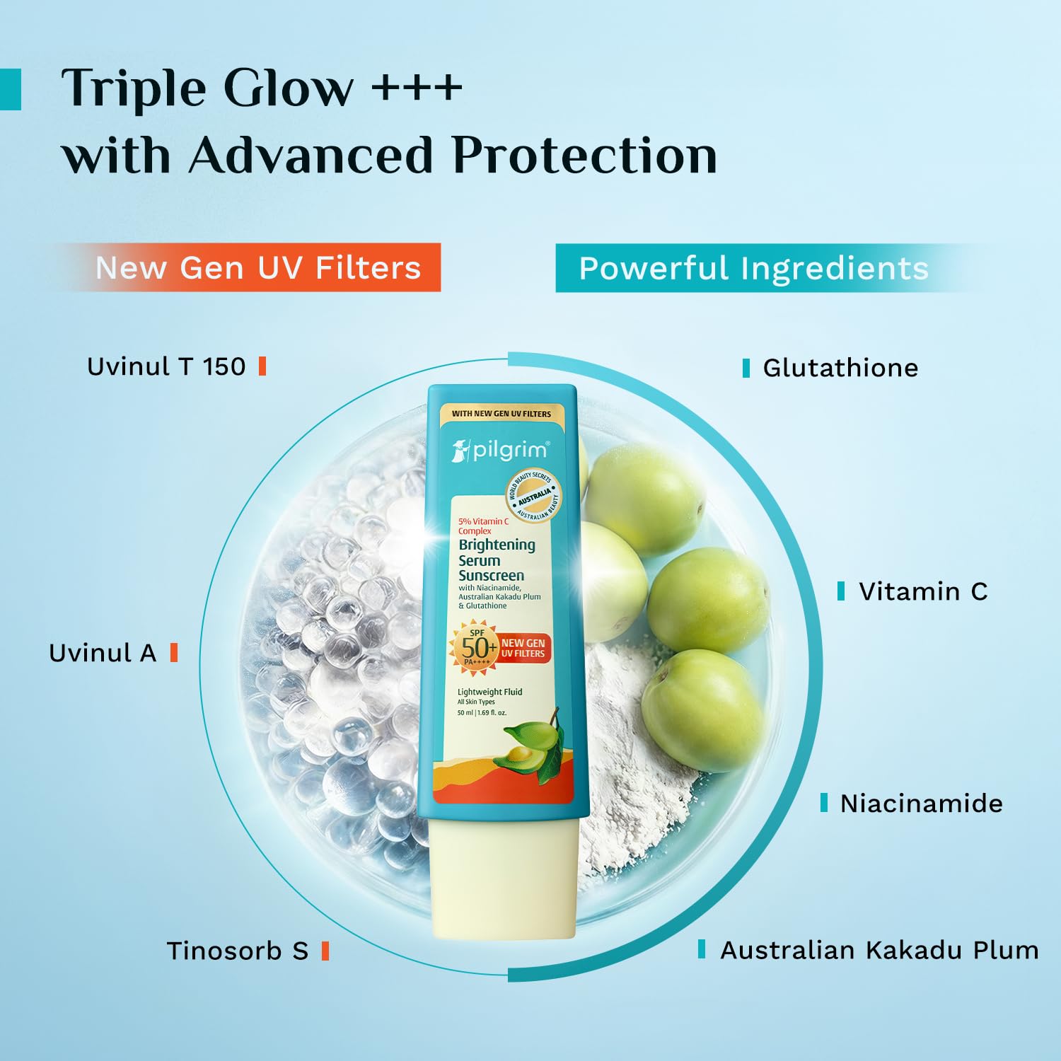 Pilgrim 5% Vitamin C Brightening Serum Sunscreen SPF 50+ PA++++ with Niacinamide & Glutathione | InVivo Tested New Gen UV Fil