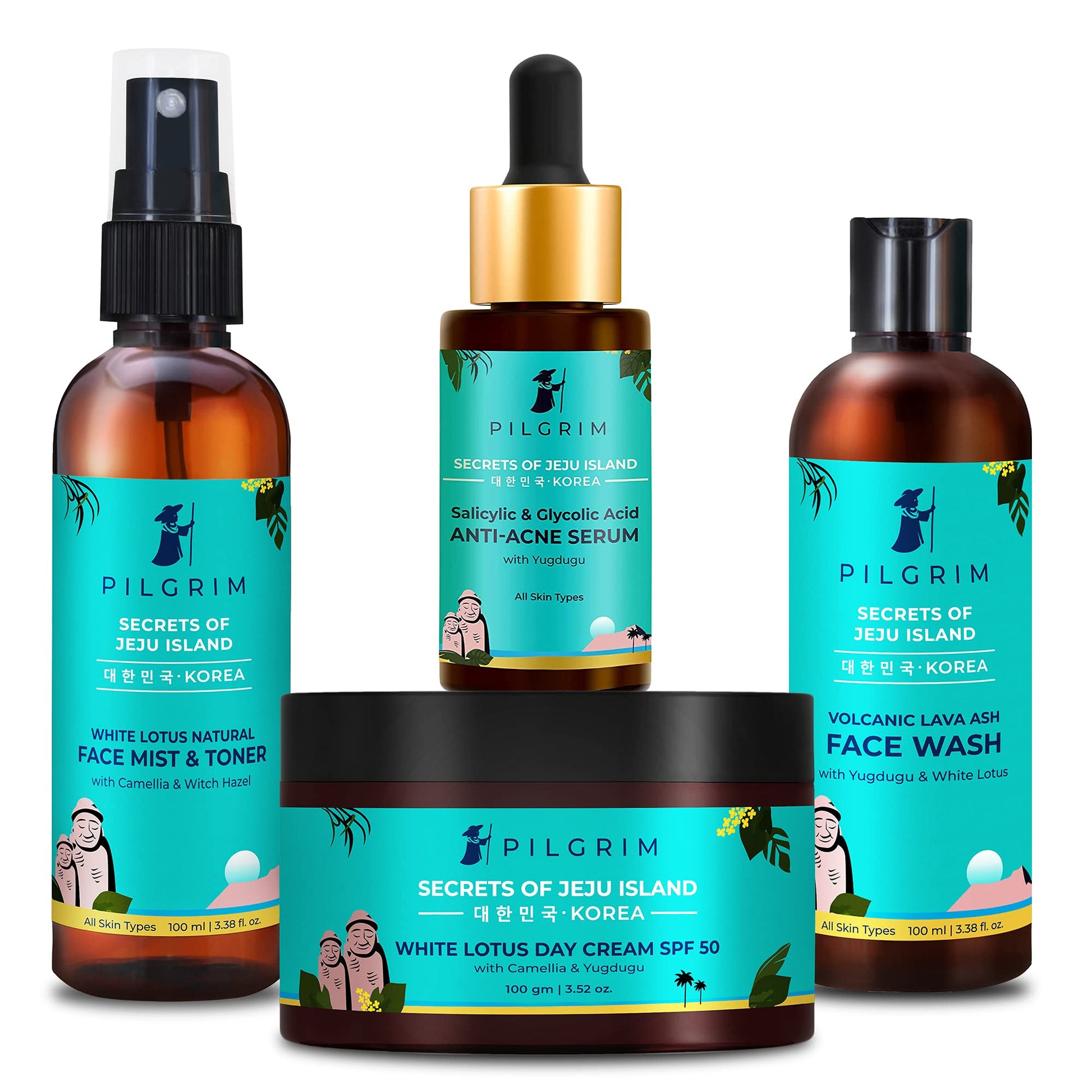 Pilgrim Acne Care Essentials Combo Kit 4-Piece Facial Set with Wash 100ml, Toner 100ml, SPF50 Cream 100g, Serum 30ml, Korean