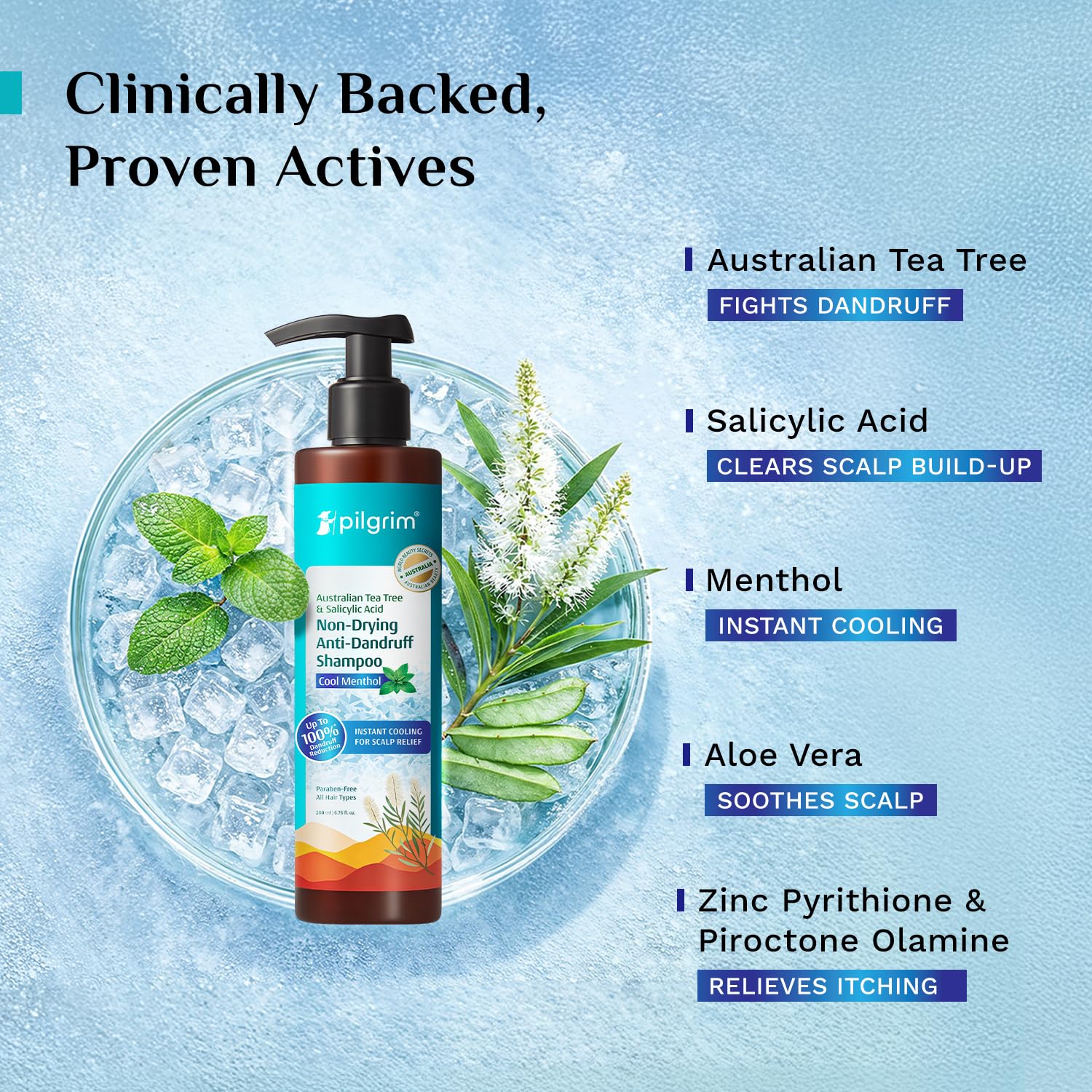 Pilgrim Anti-Dandruff Shampoo - Australian Tea Tree, Salicylic Acid, Menthol - packaging
