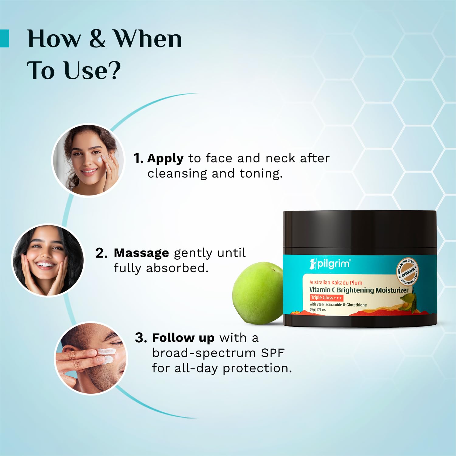 Pilgrim Australian Kakadu Plum Vitamin C Face Moisturizer with Niacinamide for Glowing Skin | Triple Glow Brightening Cream |