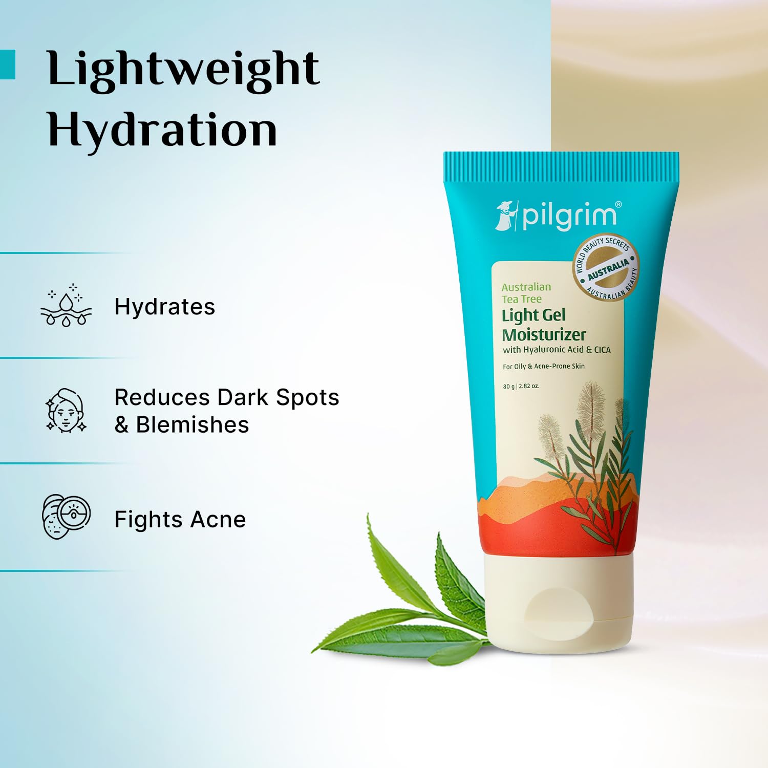 Pilgrim Australian Tea Tree Light Gel Moisturizer, 80g, with Hyaluronic Acid & CICA, for Oily & Acne-Prone Skin - packaging
