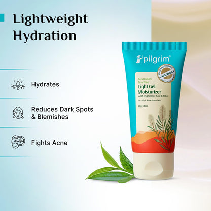 Pilgrim Australian Tea Tree Light Gel Moisturizer, 80g, with Hyaluronic Acid & CICA, for Oily & Acne-Prone Skin - packaging