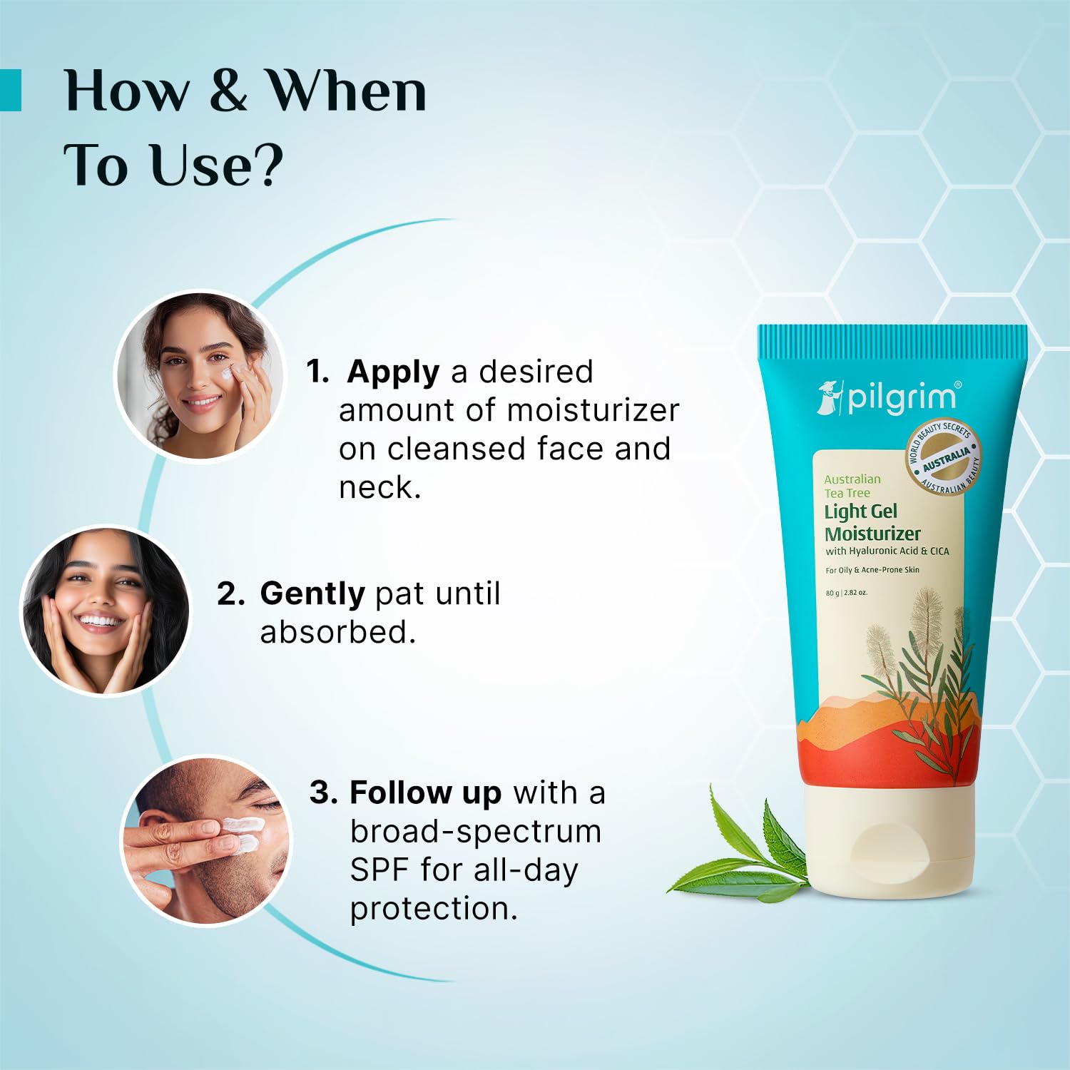 Pilgrim Australian Tea Tree Light Gel Moisturizer, 80g, with Hyaluronic Acid & CICA, for Oily & Acne-Prone Skin - label detai