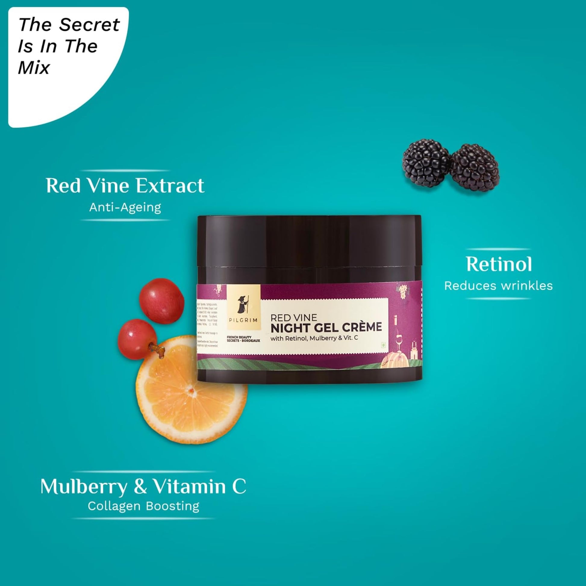 PILGRIM French Red Vine Night Cream for women with Retinol, Mulberry & Vitamin C For Glowing Skin & Skin Repair| Retinol Nigh