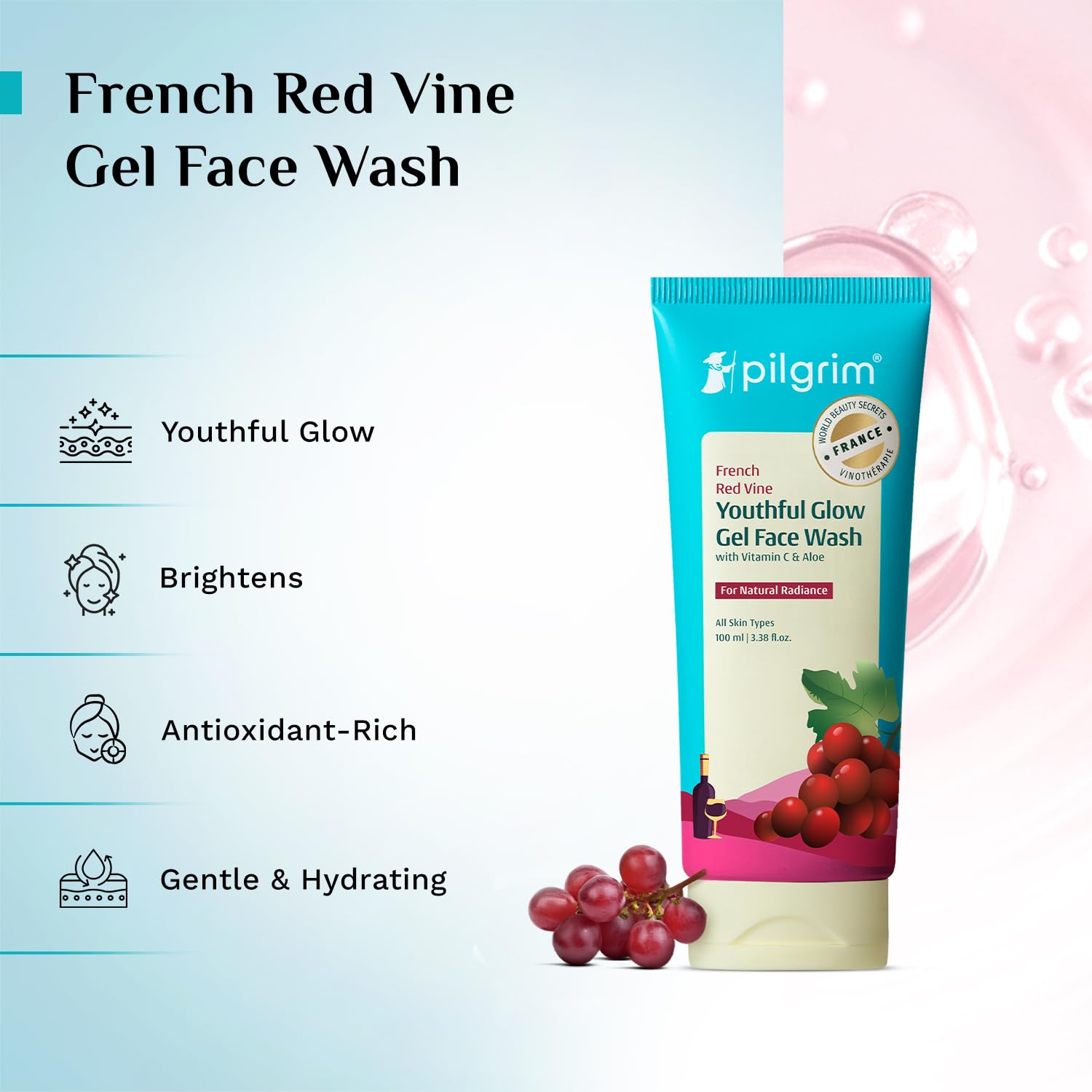 Pilgrim French Red Vine Face Wash, 100ml, Vitamin C, Aloe Vera, Unisex Adult, Paraben-Free, Sulphate-Free - back view