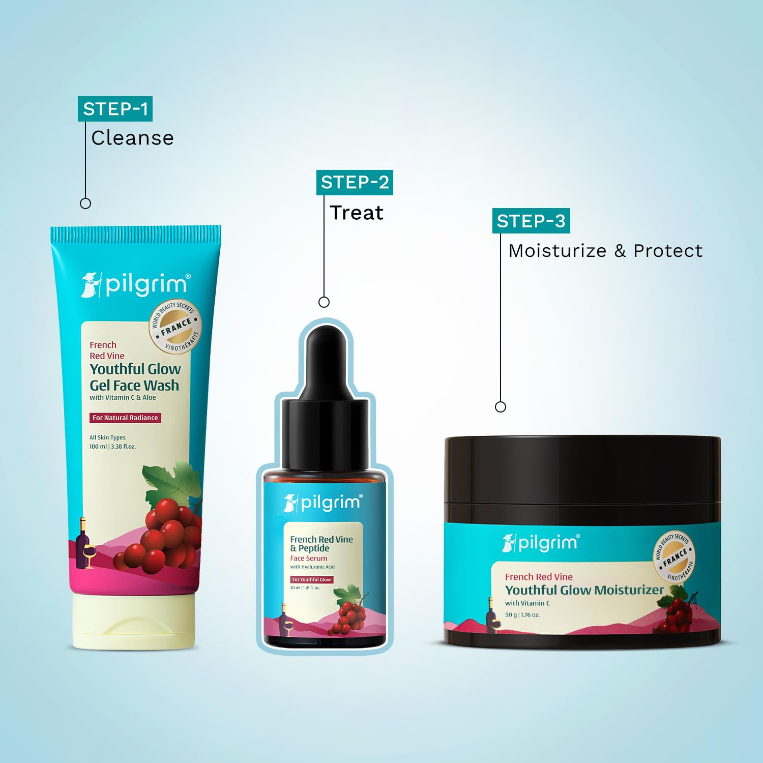PILGRIM French Red Vine & Hyaluronic acid serum with peptides | Red vine serum for face| For women & men | All skin types | 3