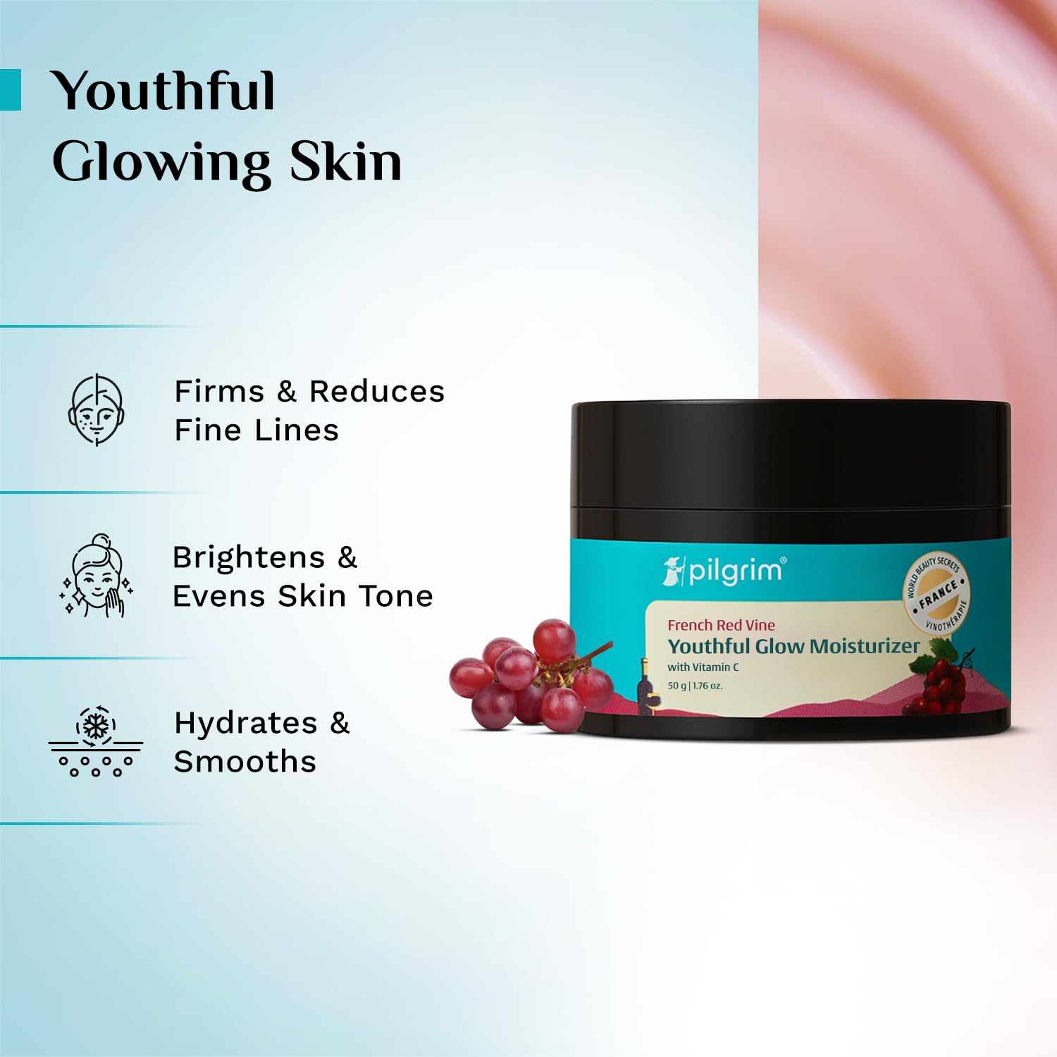 PILGRIM French Red Vine Youthful Glow Moisturizer SPF 30 with Vitamin C, Rosehip Oil For , Sun Protection PA+++, Daily Use, D