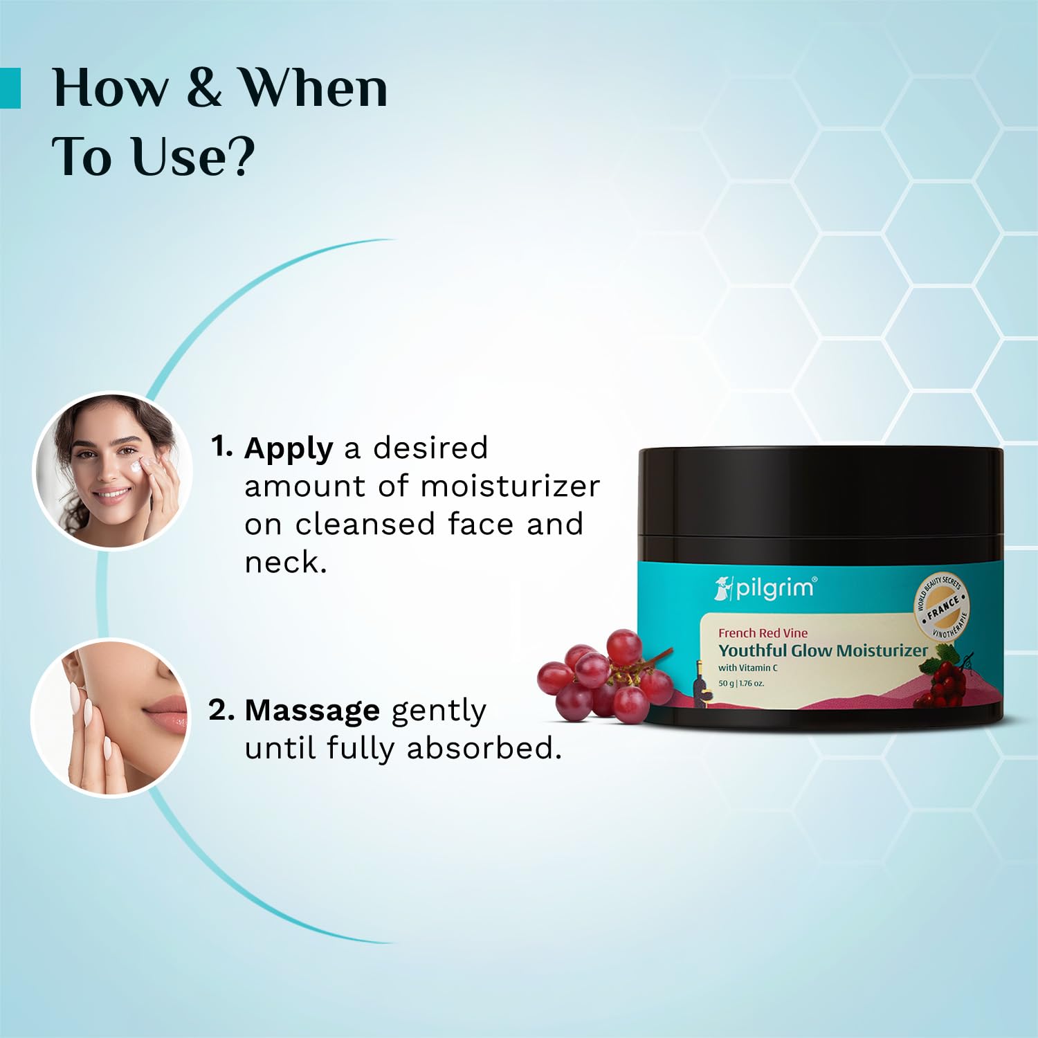 PILGRIM French Red Vine Youthful Glow Moisturizer SPF 30 with Vitamin C, Rosehip Oil For , Sun Protection PA+++, Daily Use, D