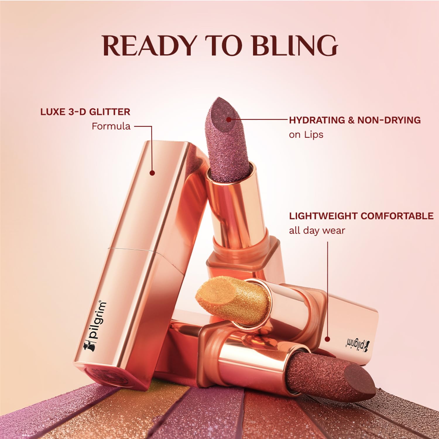 Pilgrim Glitter Lipstick For Women 4.2gm | Dubai Luxe Lifestyle - Chic Haseena Shade | Lipstick Infused with Vitamin E & Oliv