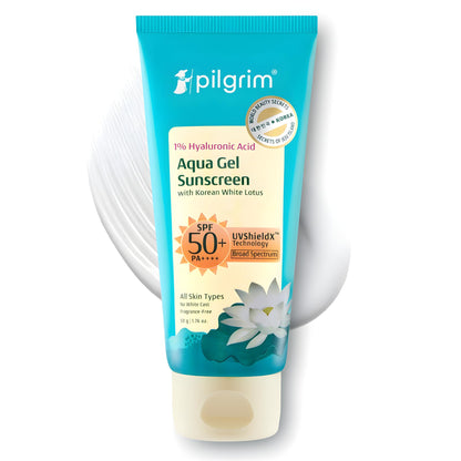Pilgrim Hyaluronic Acid Sunscreen Gel SPF 50 PA+++ with Korean White Lotus, 50gm for Men & Women