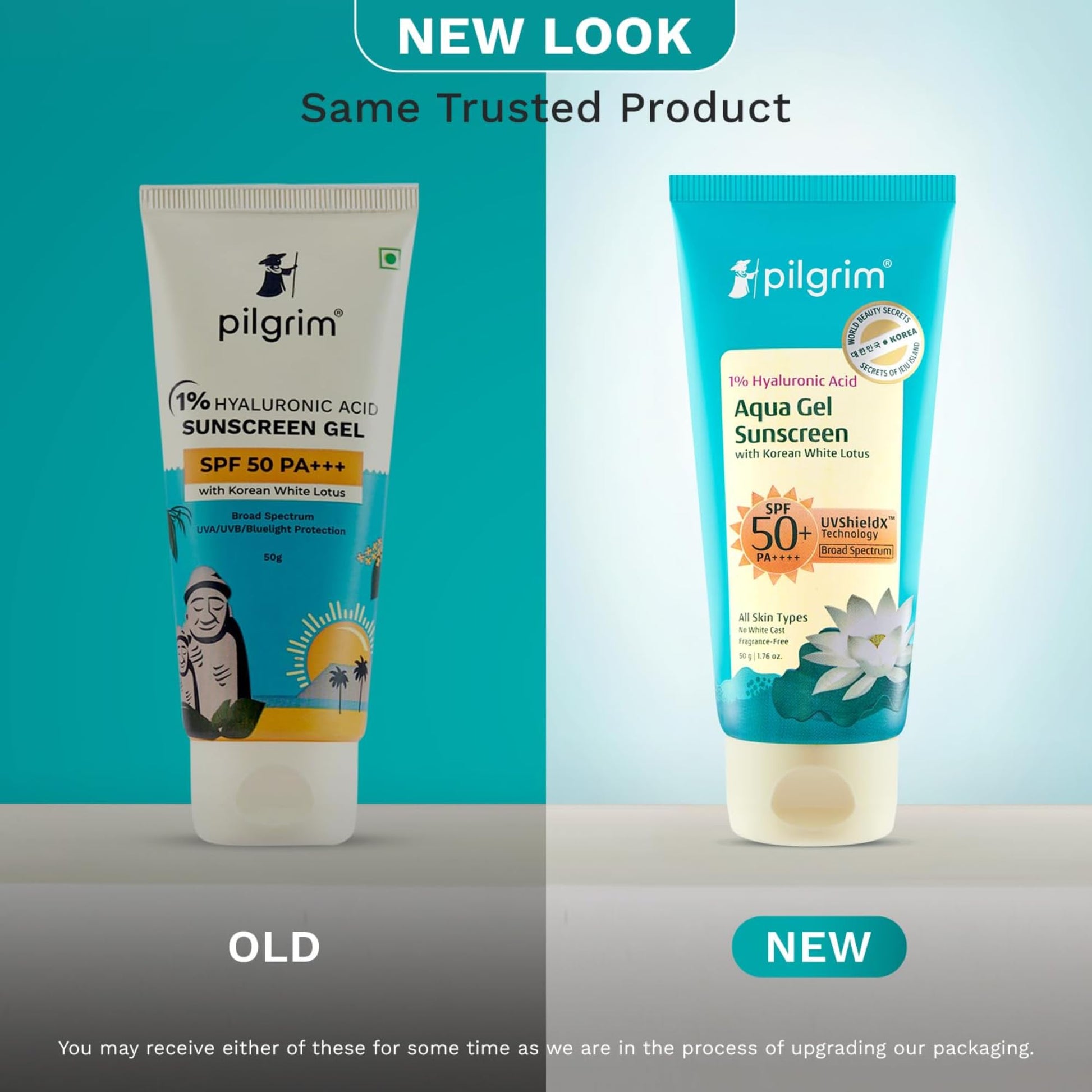 Pilgrim Hyaluronic Acid Sunscreen Gel SPF 50 PA+++ with Korean White Lotus, 50gm for Men & Women - front view