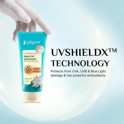Pilgrim Hyaluronic Acid Sunscreen Gel SPF 50 PA+++ with Korean White Lotus, 50gm for Men & Women - back view
