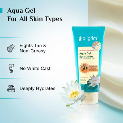 Pilgrim Hyaluronic Acid Sunscreen Gel SPF 50 PA+++ with Korean White Lotus, 50gm for Men & Women - label detail