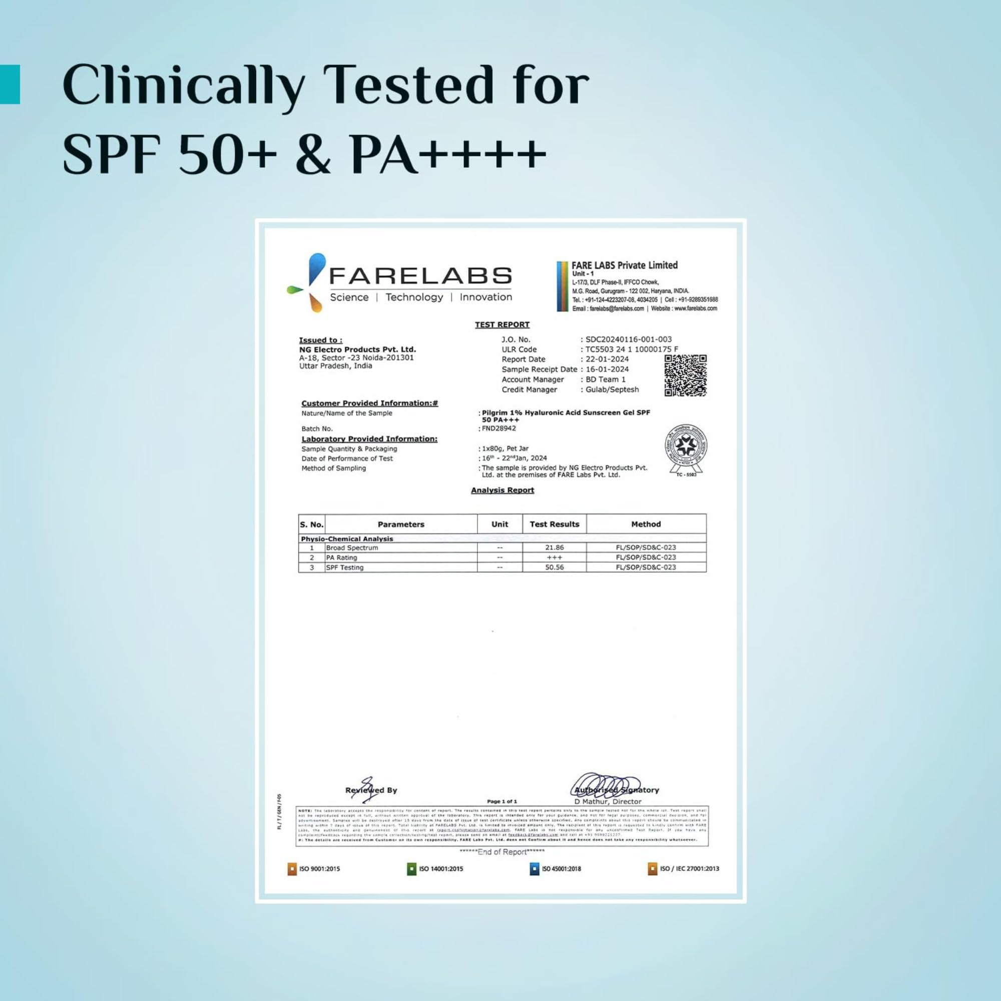Pilgrim Hyaluronic Acid Sunscreen Gel SPF 50 PA+++ with Korean White Lotus, 50gm for Men & Women - in use