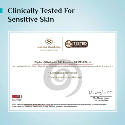 Pilgrim Hyaluronic Acid Sunscreen Gel SPF 50 PA+++ with Korean White Lotus, 50gm for Men & Women - size and scale