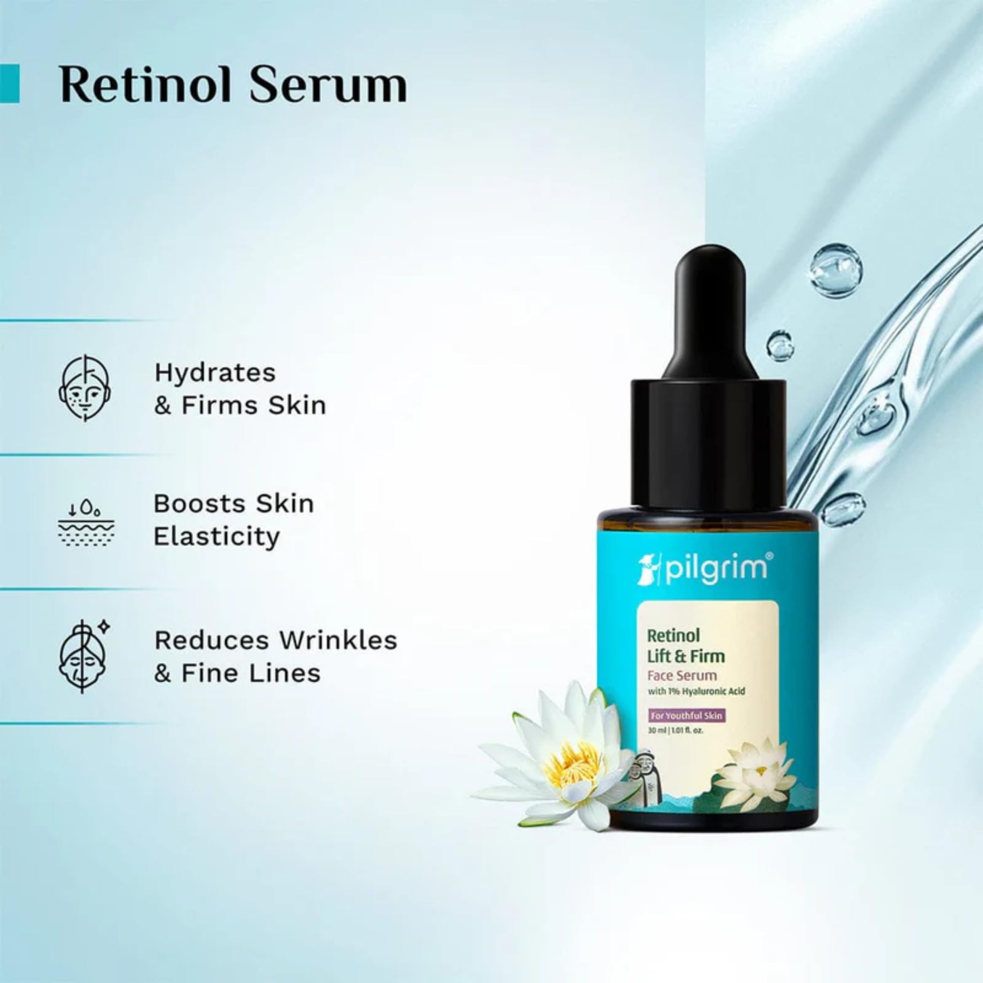 PILGRIM Korean 0.5% Retinol & 1% Hyaluronic Acid Lift & Firm Serum | Retinol serum for face| Reduce Fine Lines & Wrinkles|For