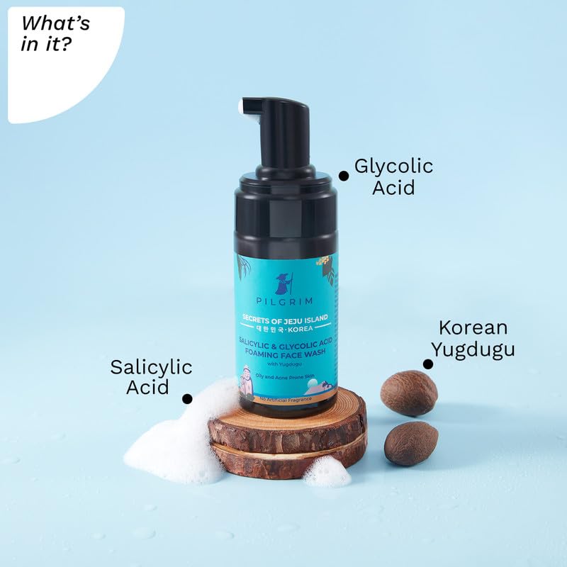 Pilgrim Korean 1.5% Salicylic(Bha) & 2% Glycolic Acid(Aha) Foaming Face Wash For Oily & Acne-Prone Skin | Glycolic & Salicyli