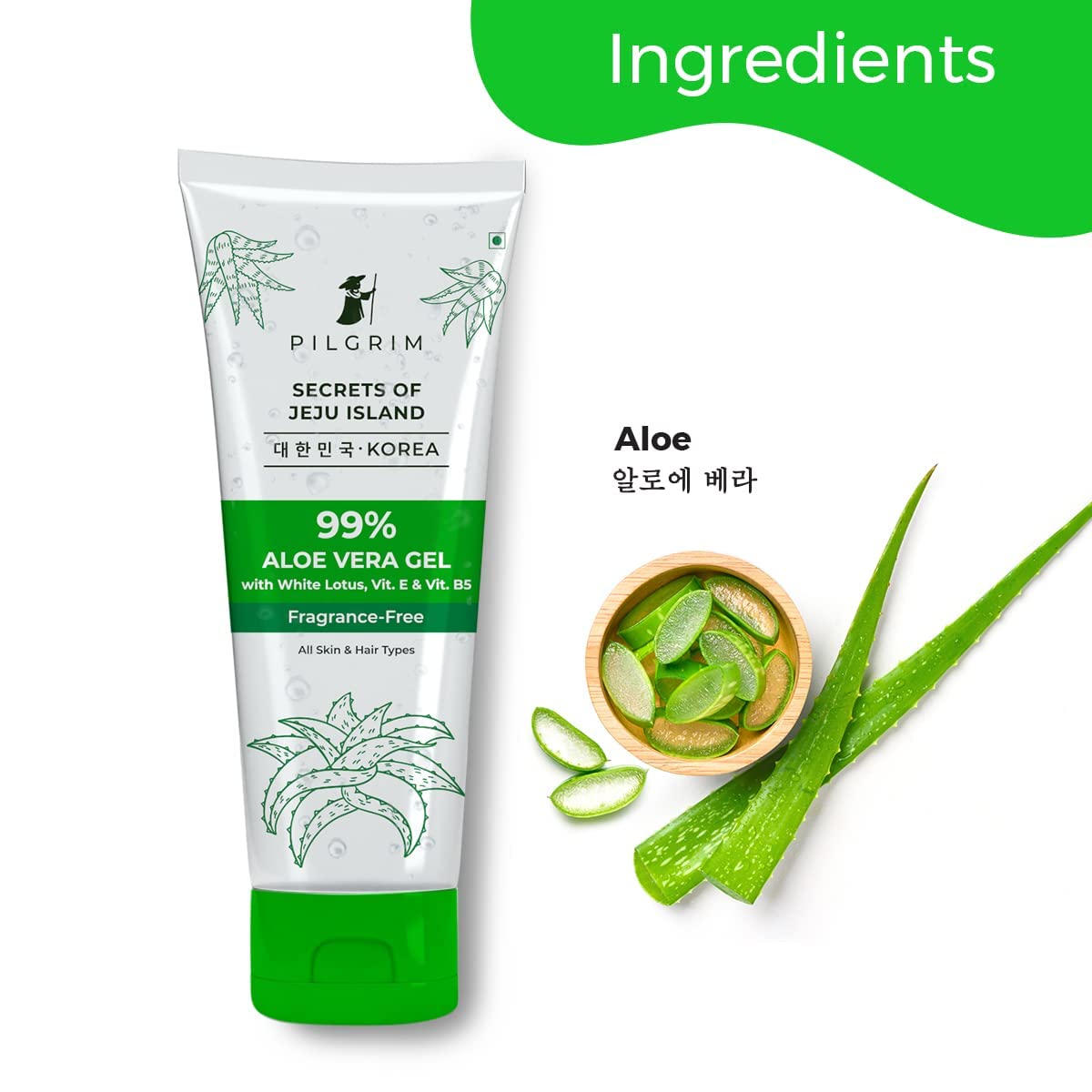 PILGRIM Korean 99% Pure Aloe Vera Gel 200ml with Vitamin E & Vitamin B5 for Face & Hair | Hydrates & Soothes Skin | Condition