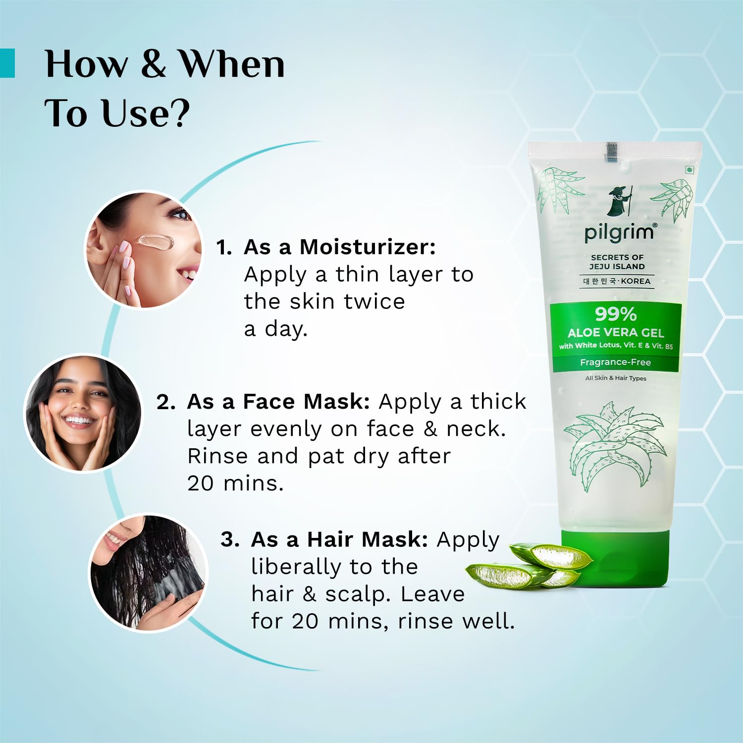 PILGRIM Korean 99% Pure Aloe Vera Gel 200ml with Vitamin E & Vitamin B5 for Face & Hair | Hydrates & Soothes Skin | Condition