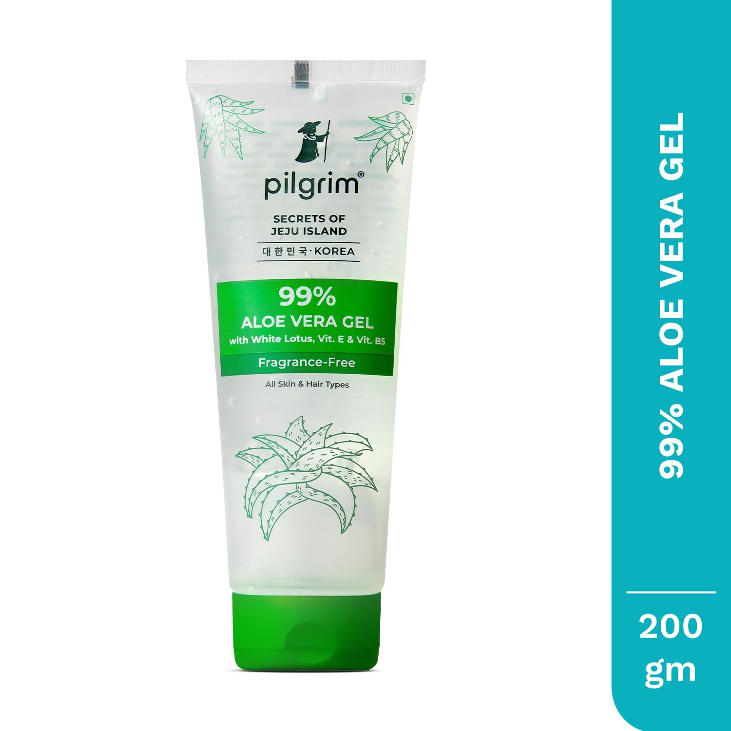 PILGRIM Korean 99% Pure Aloe Vera Gel 200ml with Vitamin E & Vitamin B5 for Face & Hair | Hydrates & Soothes Skin | Condition