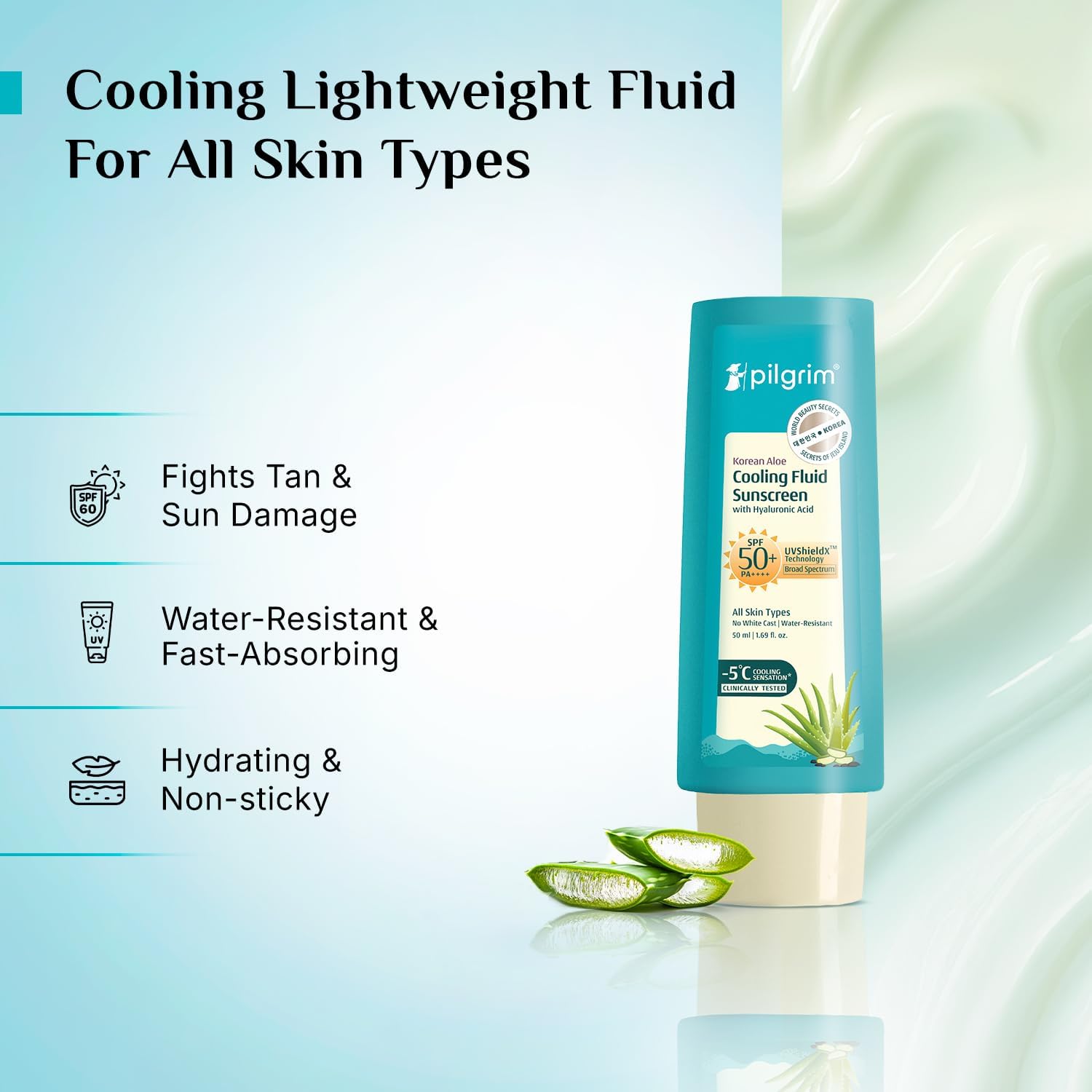 Pilgrim Korean Aloe Cooling Fluid Sunscreen SPF 50+ PA++++ Hyaluronic Acid 50ml - packaging