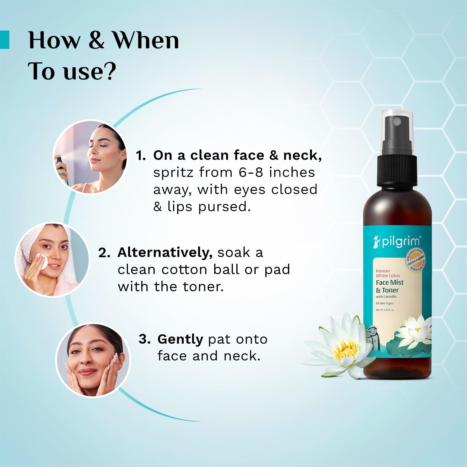 PILGRIM Korean Beauty White Lotus Refreshing Face Mist & Toner, Alcohol-Free, pH-Balanced, 100 ml - ingredients panel