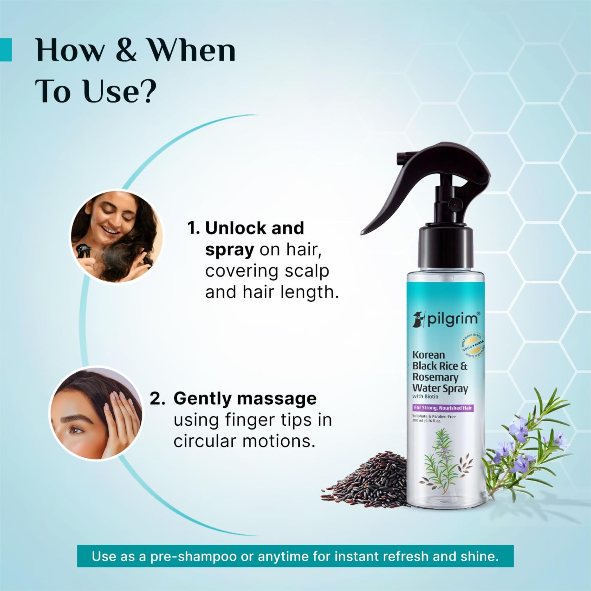 Pilgrim Korean Black Rice and Rosemary Water Spray With Biotin for Hair Growth 100ml | Hair Spray for Regrowth | Thicker & St