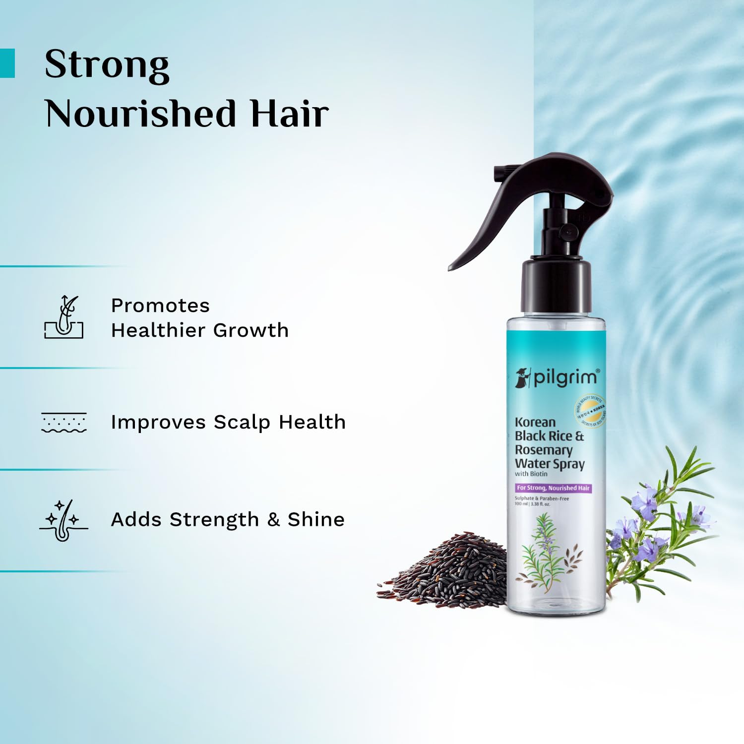 Pilgrim Korean Black Rice and Rosemary Water Spray With Biotin for Hair Growth 100ml | Hair Spray for Regrowth | Thicker & St
