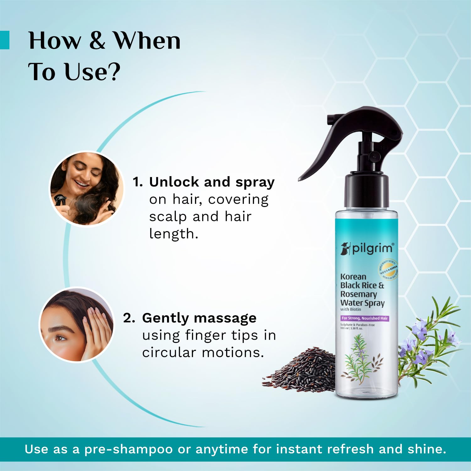 Pilgrim Korean Black Rice and Rosemary Water Spray With Biotin for Hair Growth 100ml | Hair Spray for Regrowth | Thicker & St