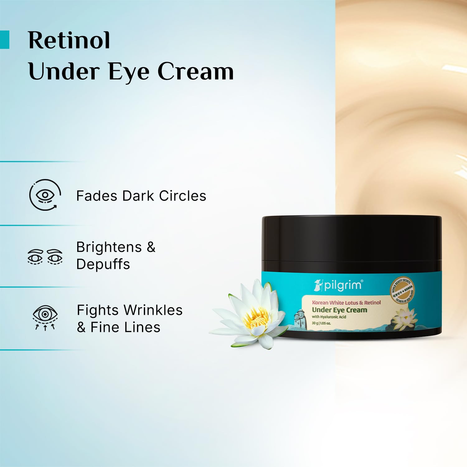 Pilgrim Korean Retinol Under Eye Cream, 30g, Vitamin C & Hyaluronic Acid, Unisex - back view