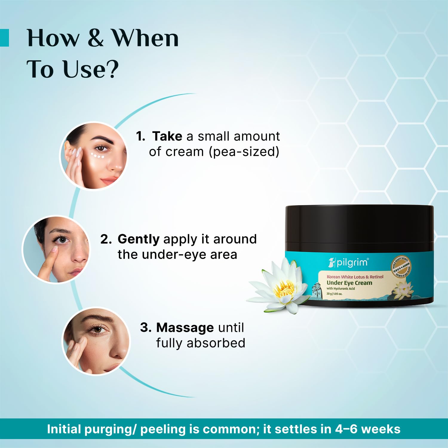 Pilgrim Korean Retinol Under Eye Cream, 30g, Vitamin C & Hyaluronic Acid, Unisex - ingredients panel