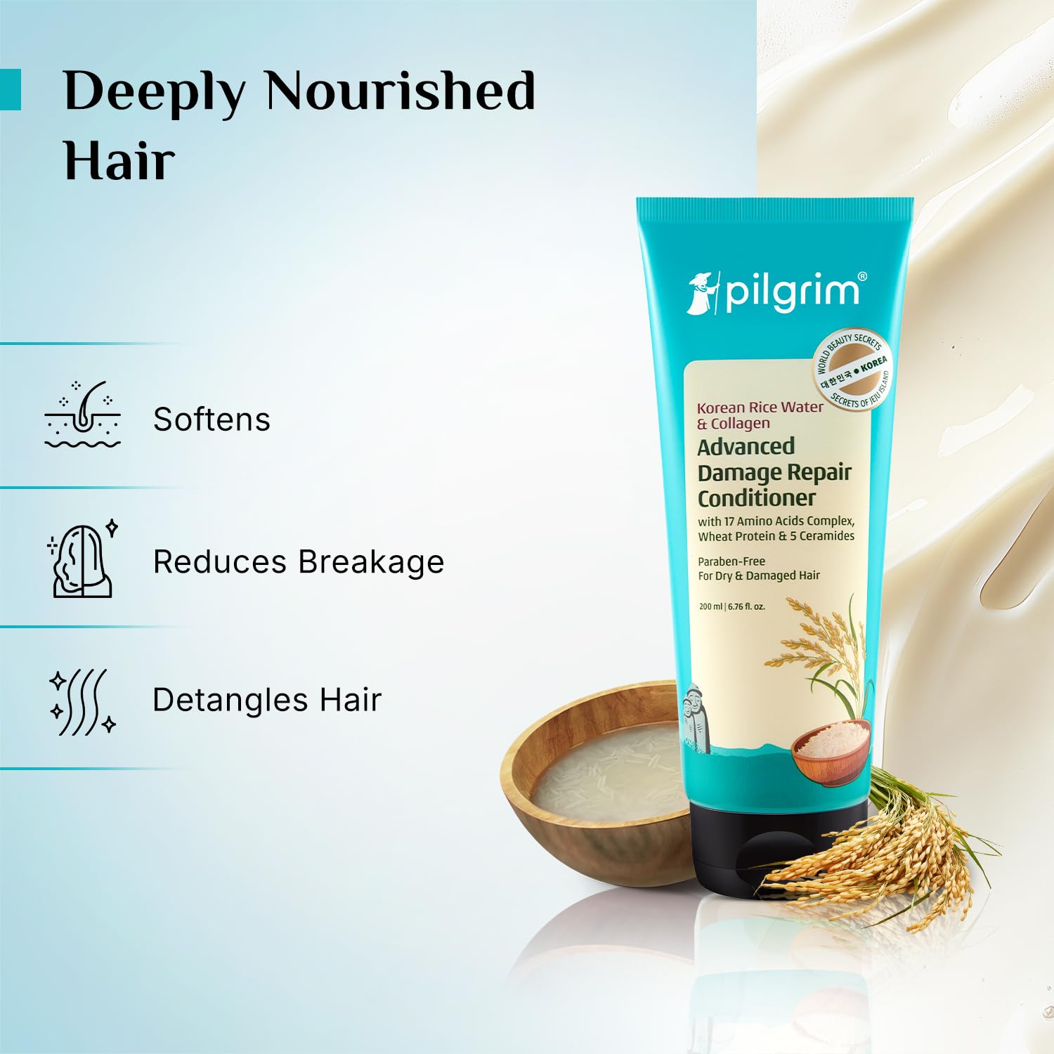 Pilgrim Korean Rice Water & Collagen Advanced Damage Repair Conditioner - 200ml | With 17 Amino Acids, Wheat Protein & Cerami