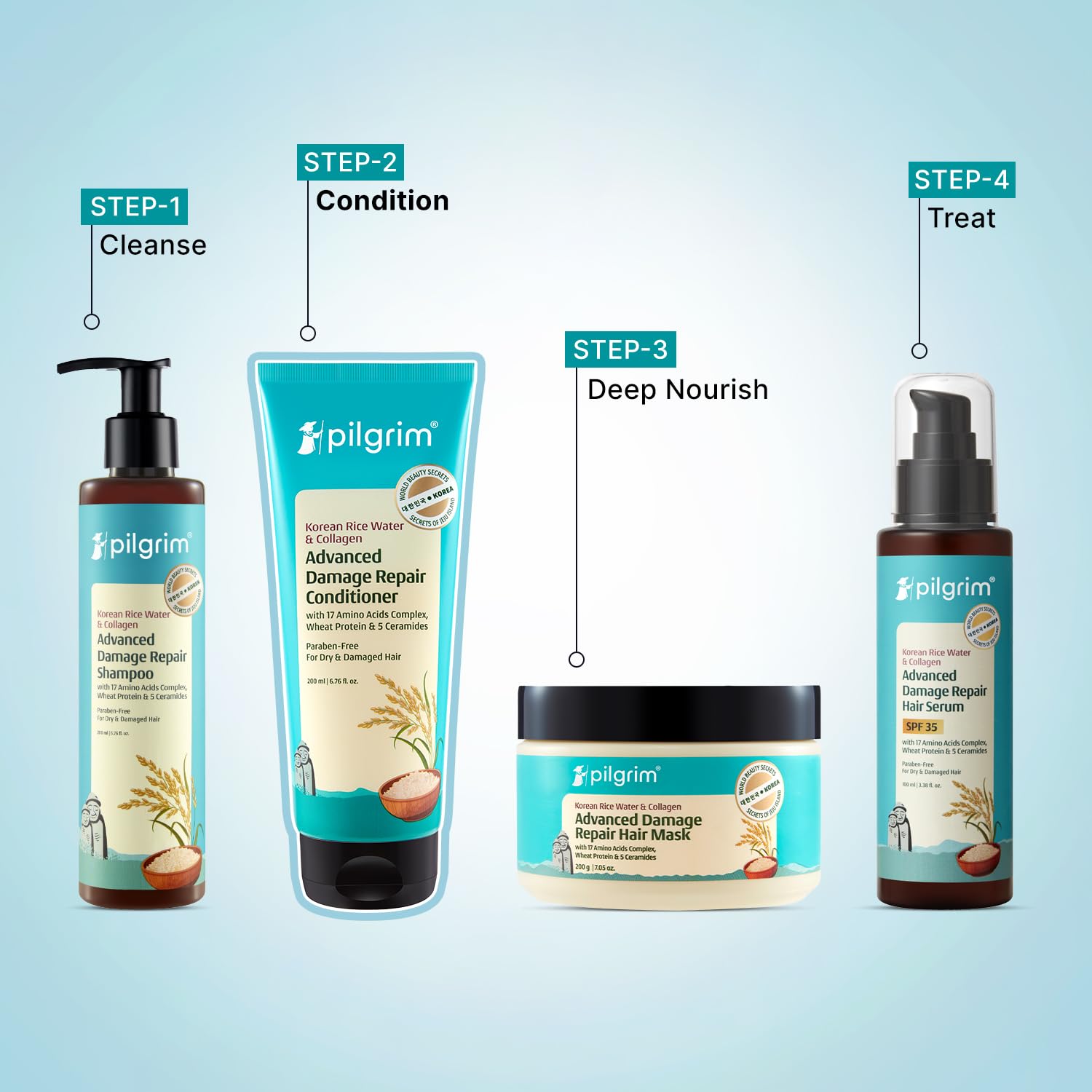 Pilgrim Korean Rice Water & Collagen Advanced Damage Repair Conditioner - 200ml | With 17 Amino Acids, Wheat Protein & Cerami