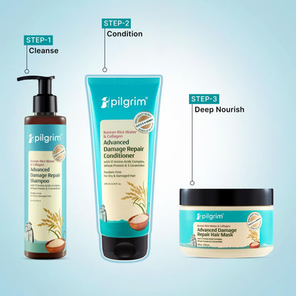Pilgrim Korean Rice Water & Collagen Advanced Damage Repair Conditioner - 200ml | With 17 Amino Acids, Wheat Protein & Cerami
