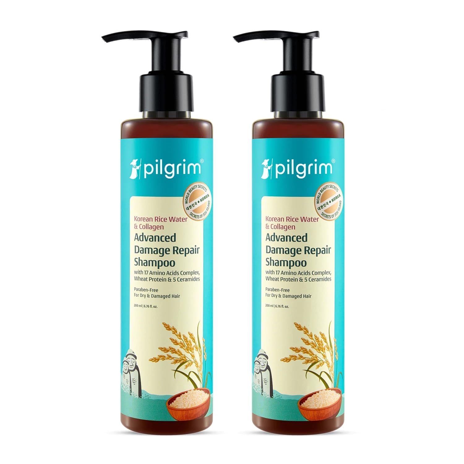 Pilgrim Korean Rice Water & Collagen Advanced Damage Repair Shampoo - 200ml | with 17 Amino Acids, Wheat Protein & 5 Ceramide