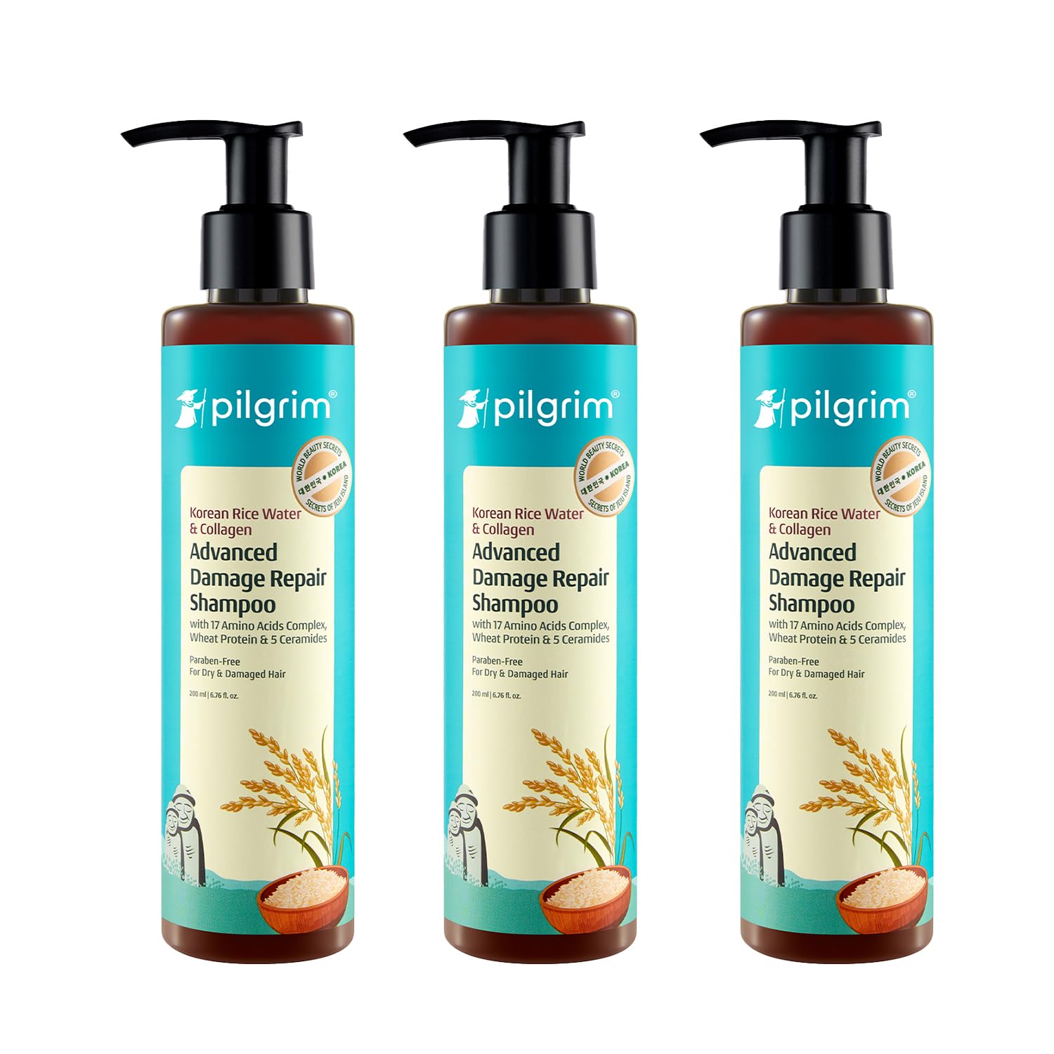 Pilgrim Korean Rice Water & Collagen Advanced Damage Repair Shampoo - 200ml | with 17 Amino Acids, Wheat Protein & 5 Ceramide