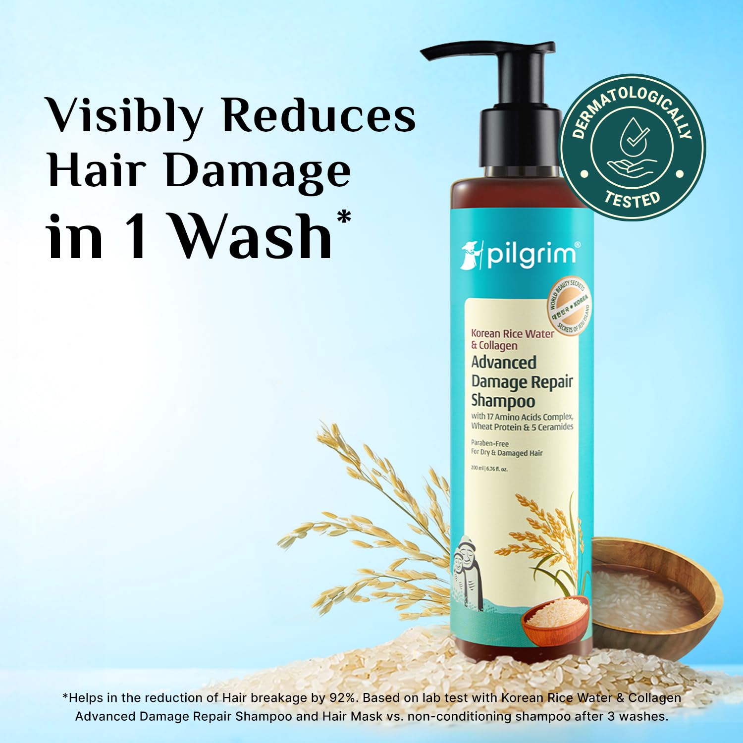 Pilgrim Korean Rice Water & Collagen Advanced Damage Repair Shampoo - 200ml | with 17 Amino Acids, Wheat Protein & 5 Ceramide