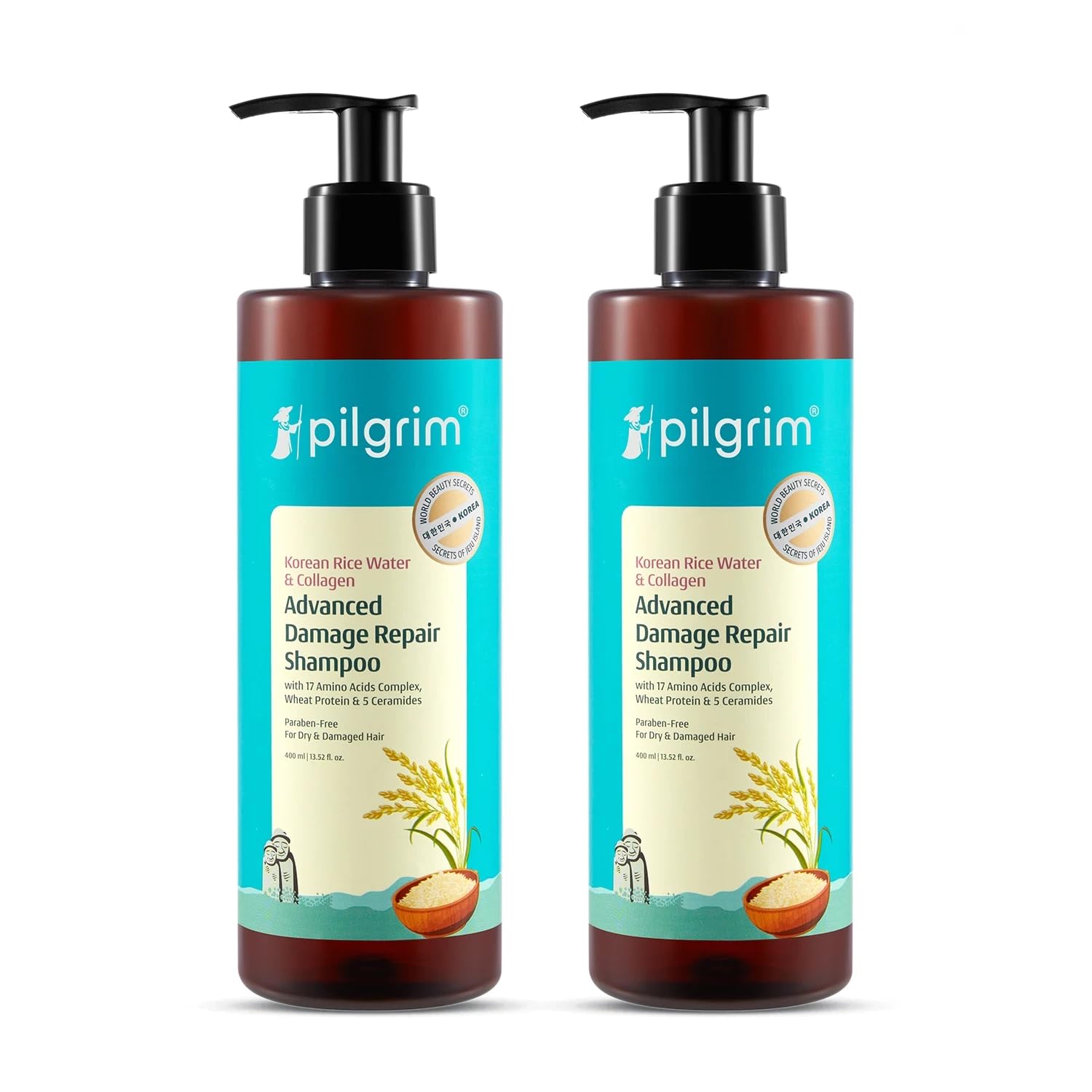 Pilgrim Korean Rice Water & Collagen Advanced Damage Repair Shampoo - 200ml | with 17 Amino Acids, Wheat Protein & 5 Ceramide