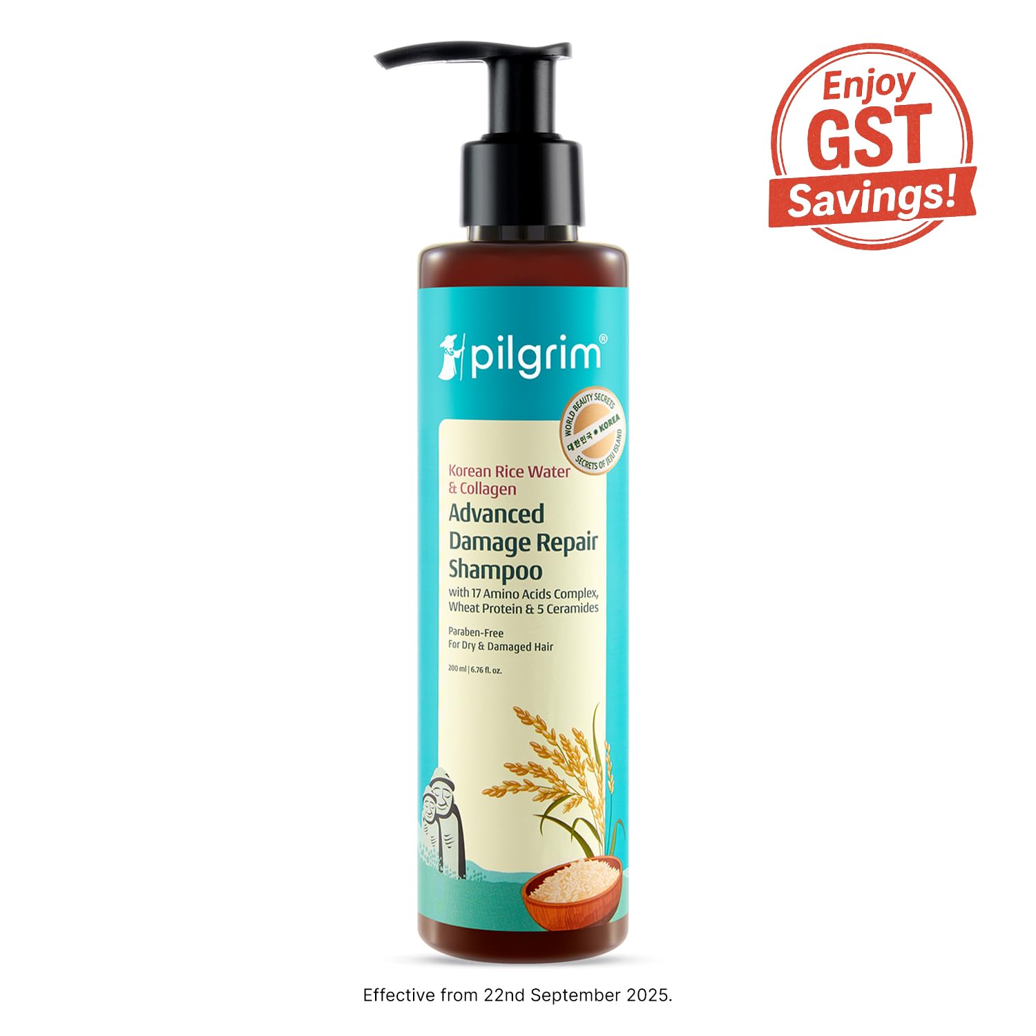 Pilgrim Korean Rice Water & Collagen Advanced Damage Repair Shampoo - 200ml | with 17 Amino Acids, Wheat Protein & 5 Ceramide