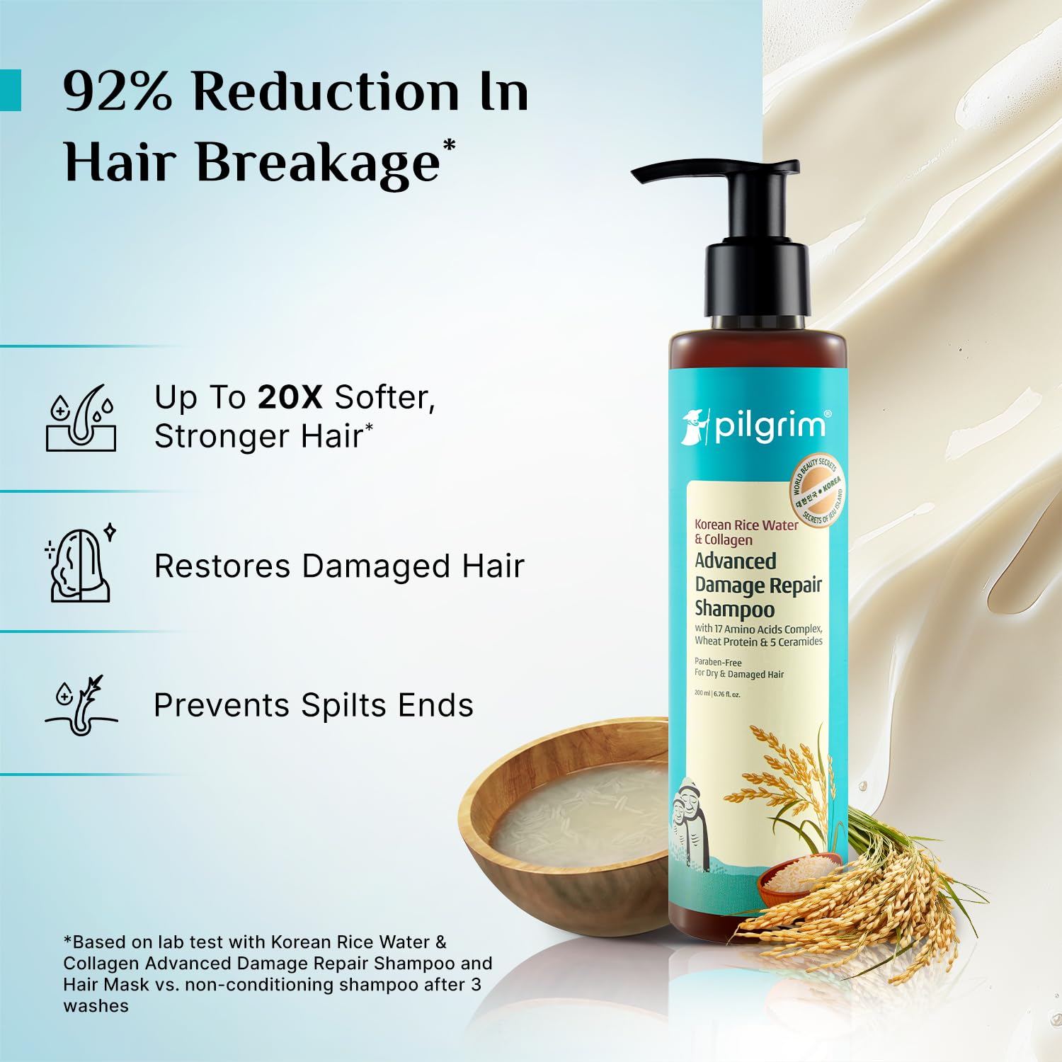 Pilgrim Korean Rice Water & Collagen Advanced Damage Repair Shampoo - 200ml | with 17 Amino Acids, Wheat Protein & 5 Ceramide