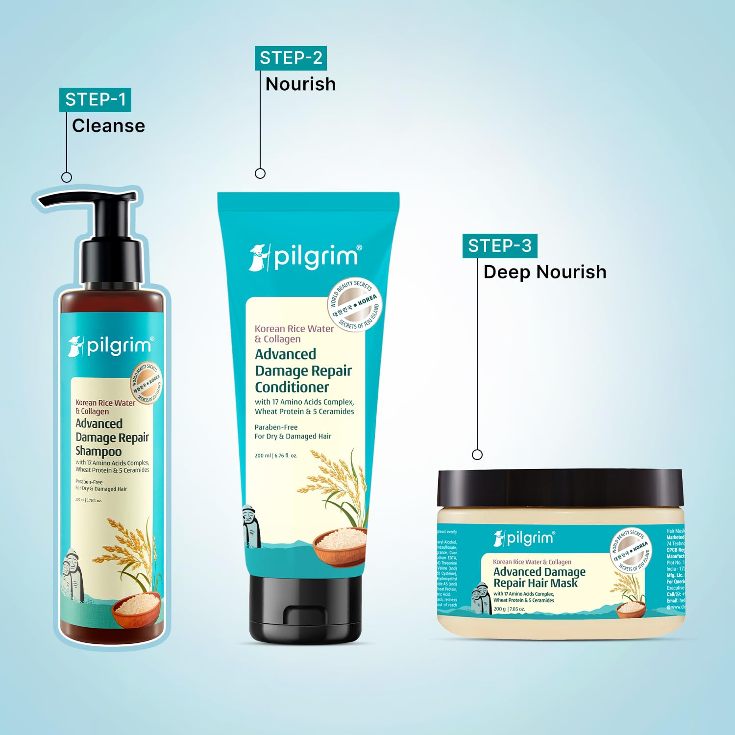 Pilgrim Korean Rice Water & Collagen Advanced Damage Repair Shampoo - 200ml | with 17 Amino Acids, Wheat Protein & 5 Ceramide