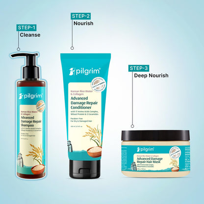 Pilgrim Korean Rice Water & Collagen Advanced Damage Repair Shampoo - 200ml | with 17 Amino Acids, Wheat Protein & 5 Ceramide