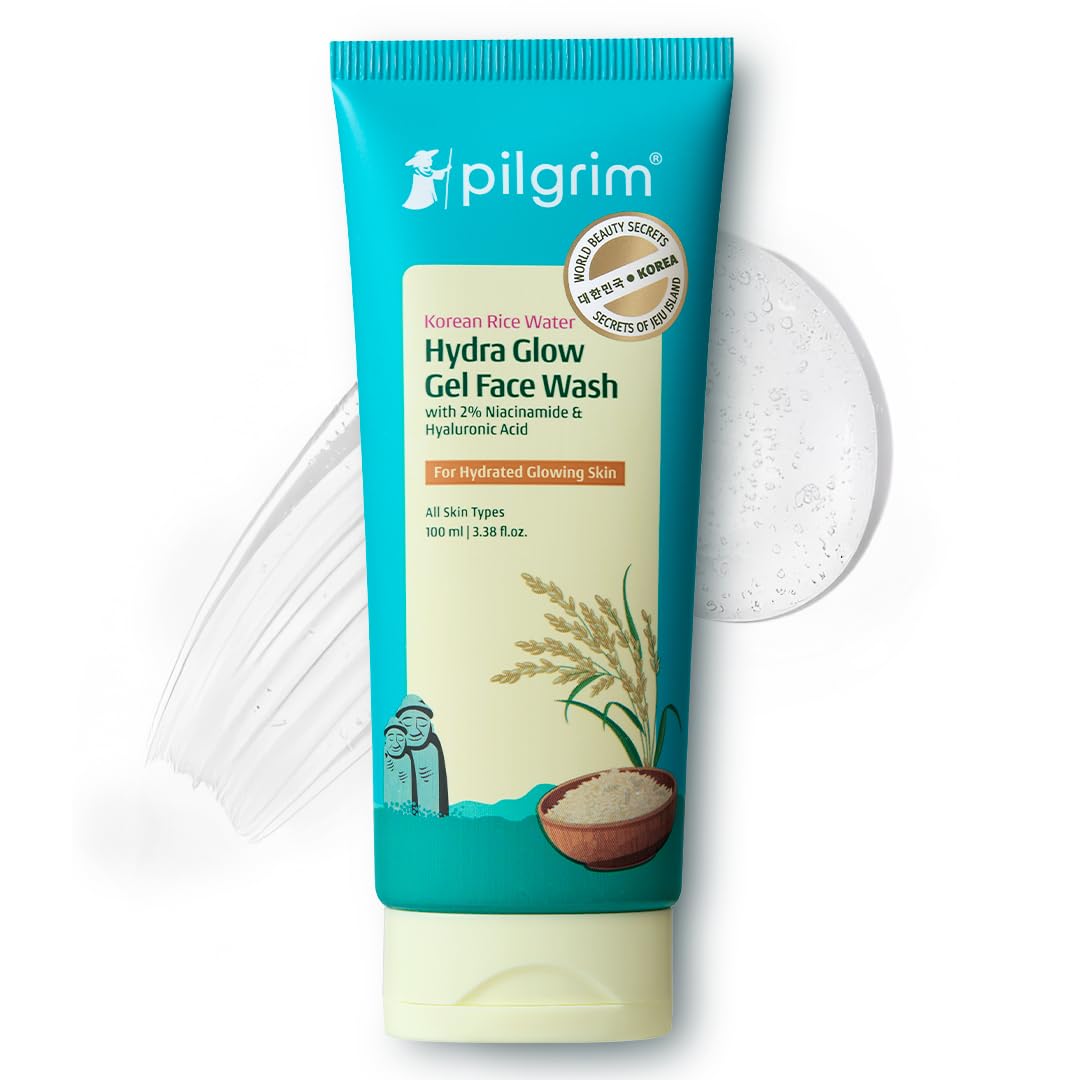 Pilgrim Korean Rice Water Hydra Glow Gel Face Wash for Hydrated Glowing Skin | With 2% Niacinamide for Dark Spots, Hyaluronic