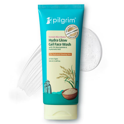 Pilgrim Korean Rice Water Hydra Glow Gel Face Wash for Hydrated Glowing Skin | With 2% Niacinamide for Dark Spots, Hyaluronic