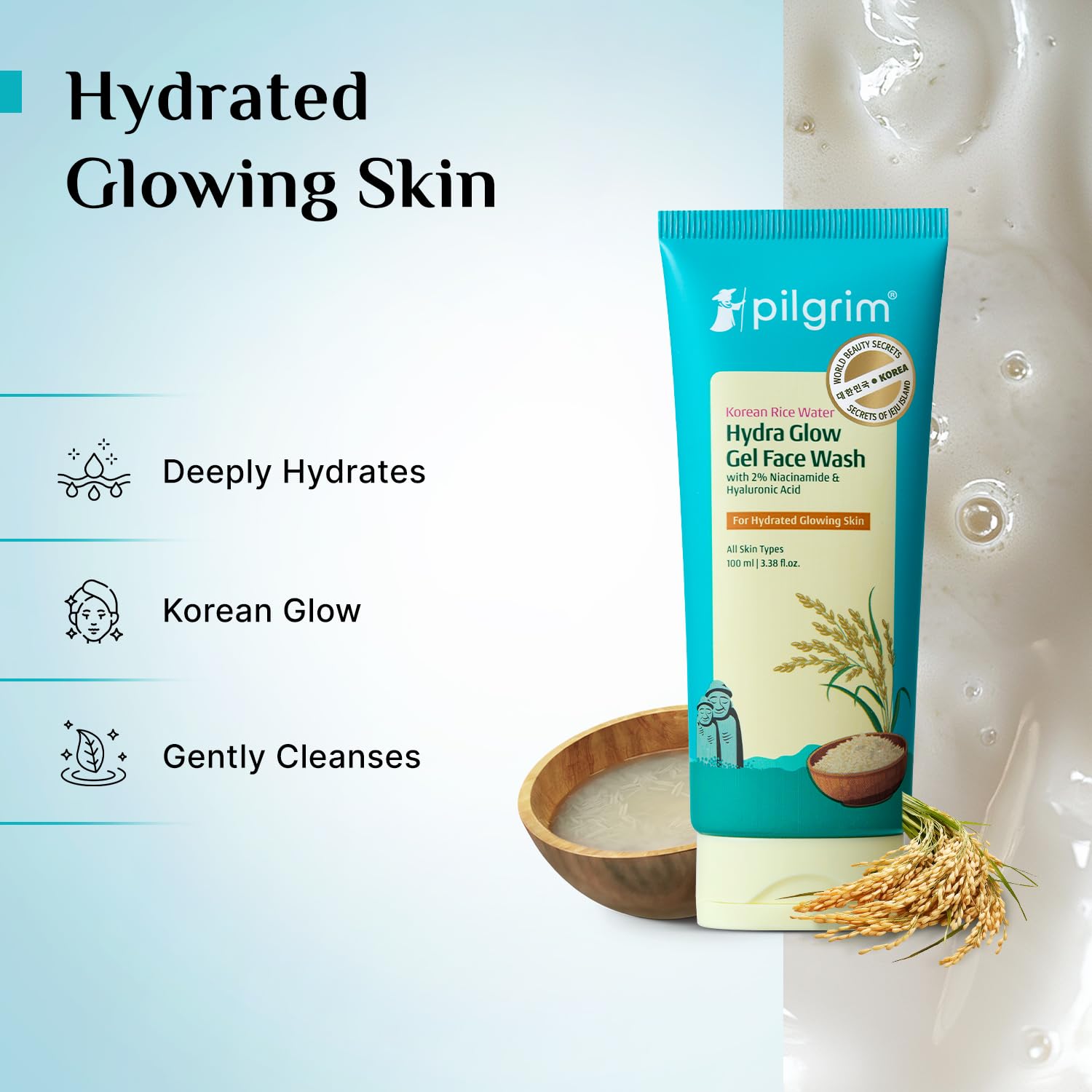 Pilgrim Korean Rice Water Hydra Glow Gel Face Wash for Hydrated Glowing Skin | With 2% Niacinamide for Dark Spots, Hyaluronic